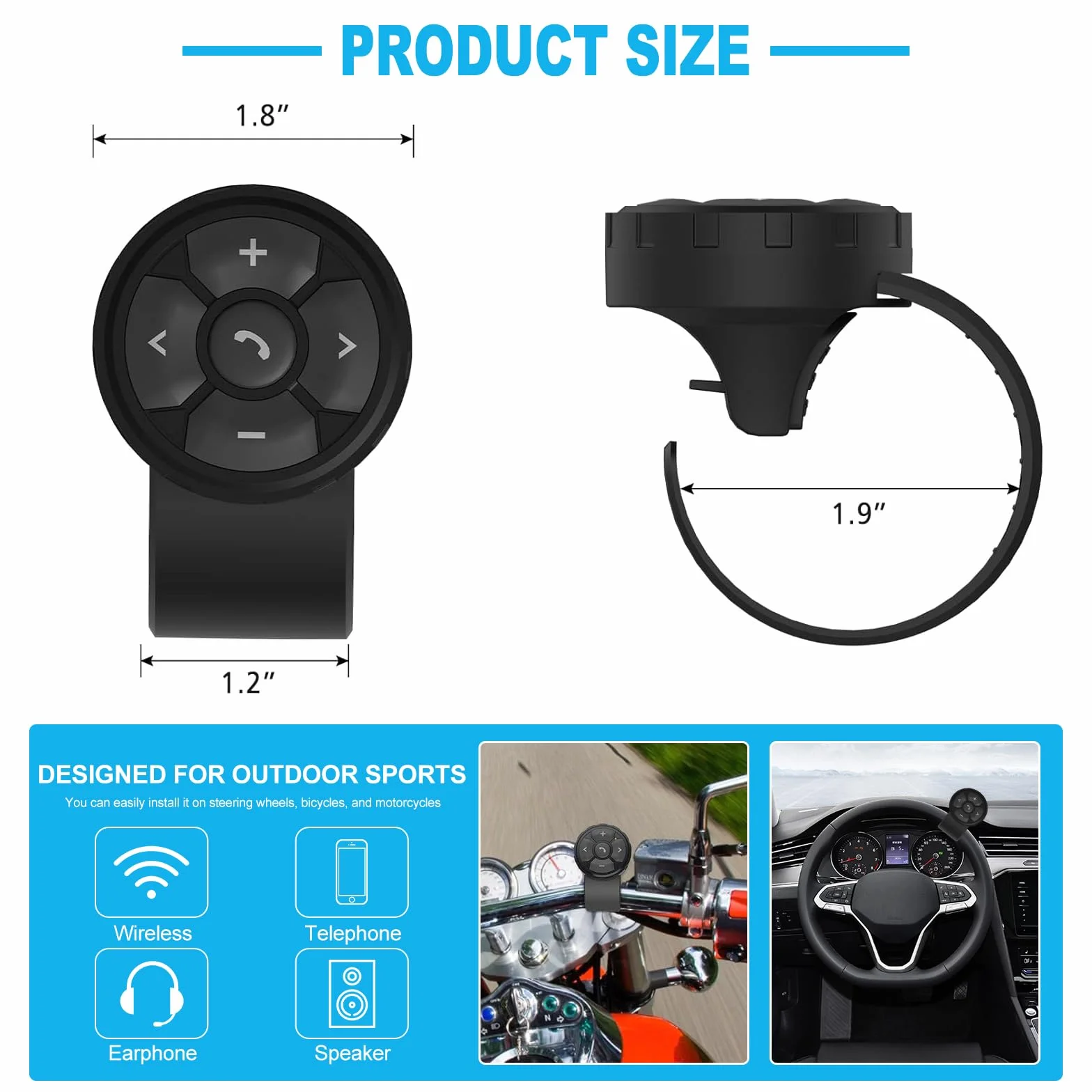 VOBOR Auto Moto Telecomando Multimediale Bluetooth, IP67 Impermeabile Wireless Bluetooth Telecomando Telefono Kit- con Funzioni Chiamate, Volume, Siri, Fotocamera