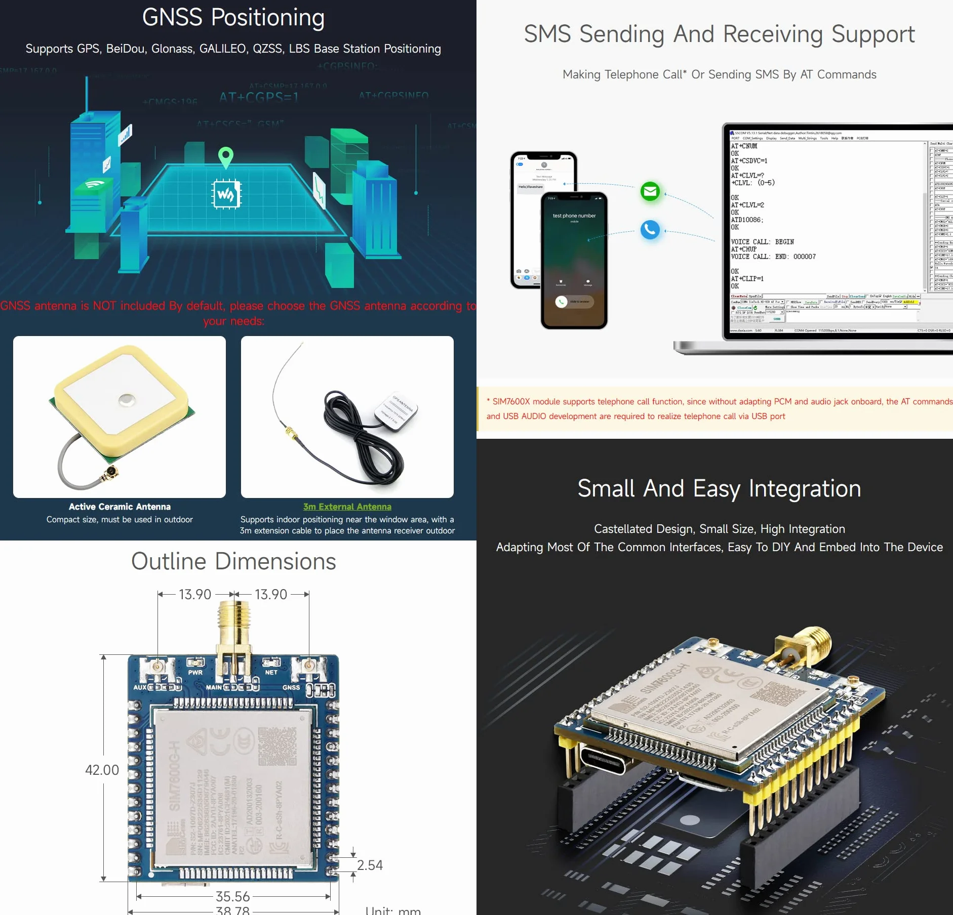 Waveshare SIM7600E-H 4G-Module,utilizzato per l'accesso Internet dial-up Windows/Linux,comunicazione piattaforma cloud,localizzazione GNSS, compatibile con Raspberry Pi/Jetson Nano/ESP32/STM32