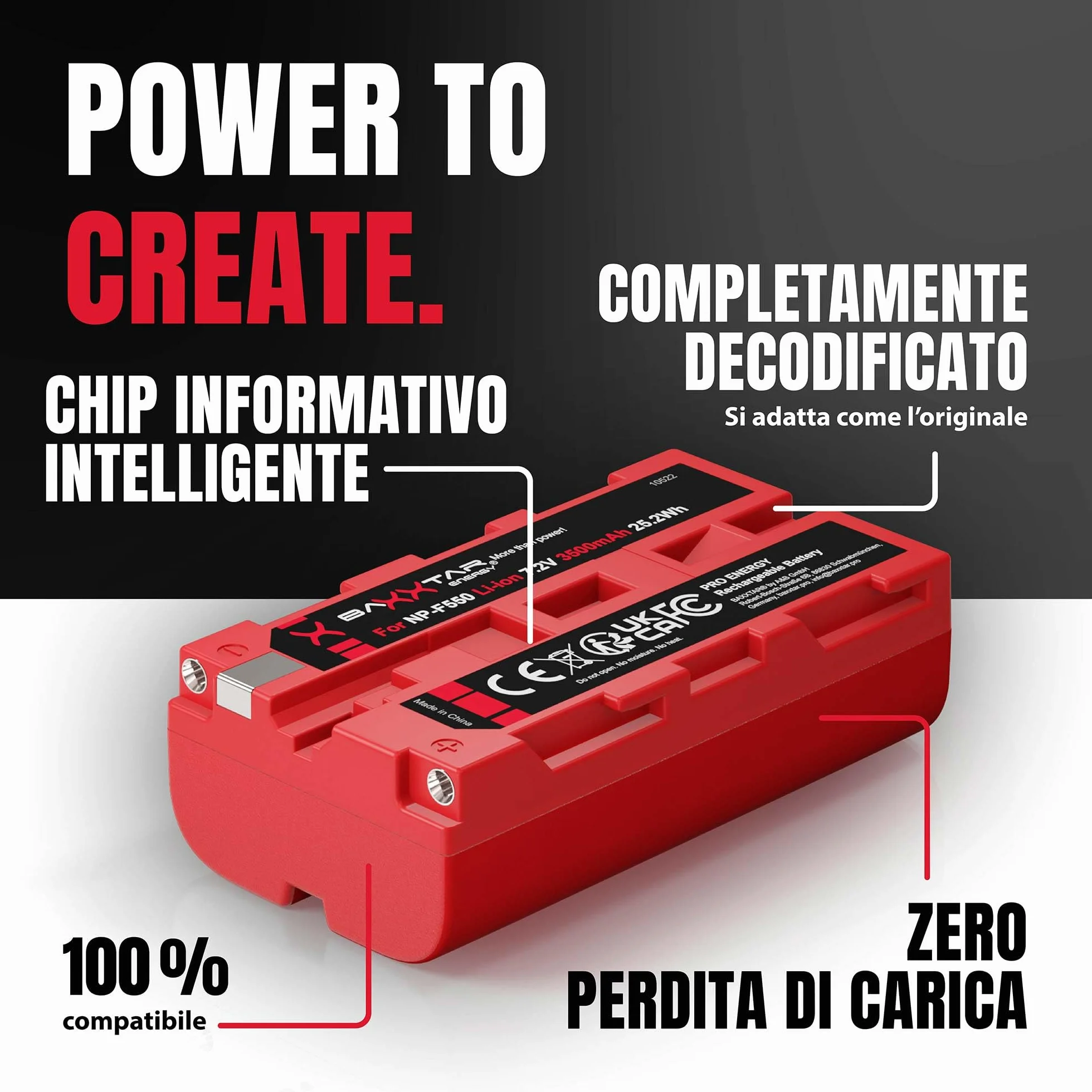 Baxxtar PRO 2x Batteria NP-F550 NP-F570 (3500 mAh / 25,2 Wh) con celle LG – per luci video LED (CN-160 YN-300), monitor da campo e dispositivi Sony NP-F – formato compatto F550