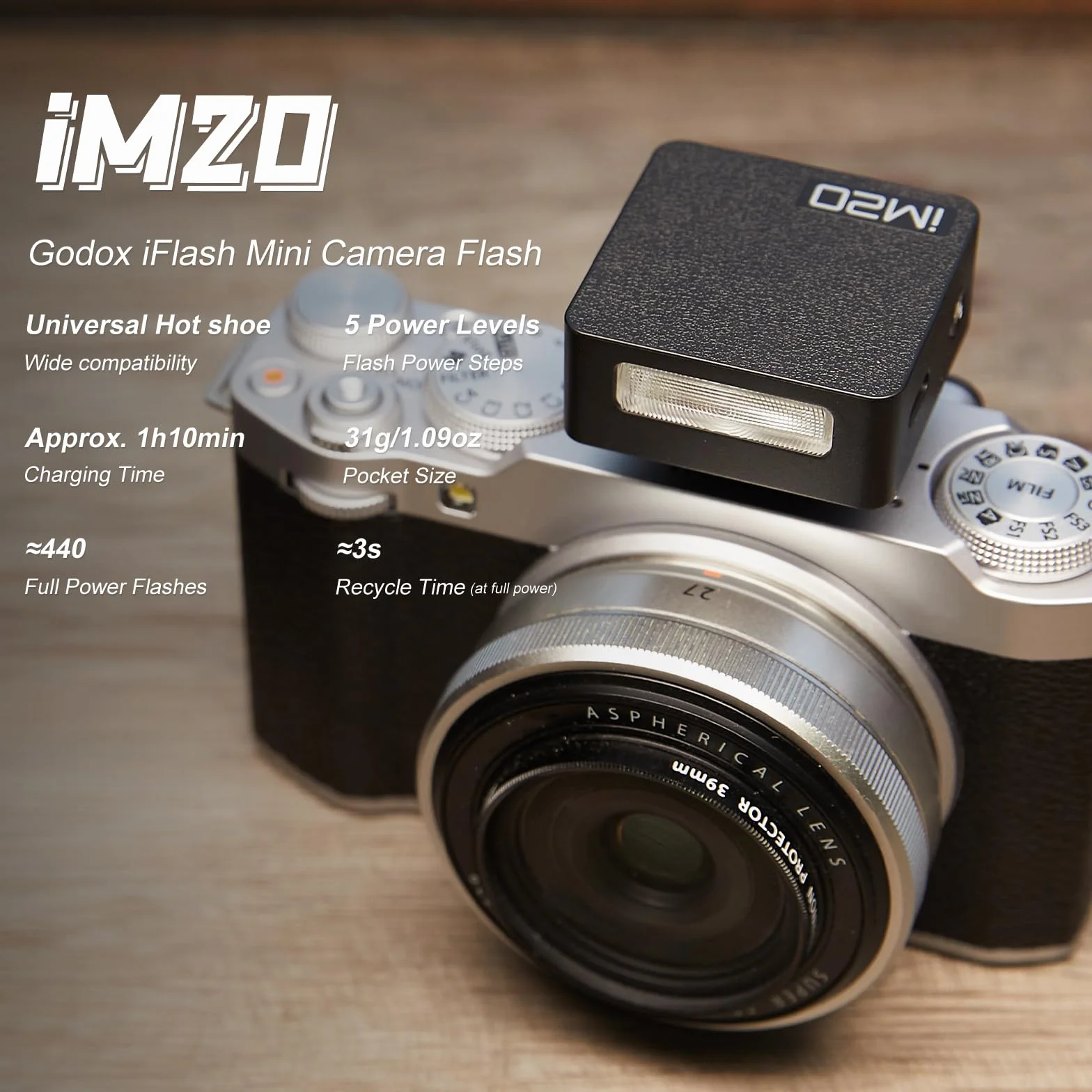 GODOX iM20 - Mini flash per fotocamera, 5 livelli di potenza del flash, 6000 K ± 200 K, mini flash con cupola di diffusione