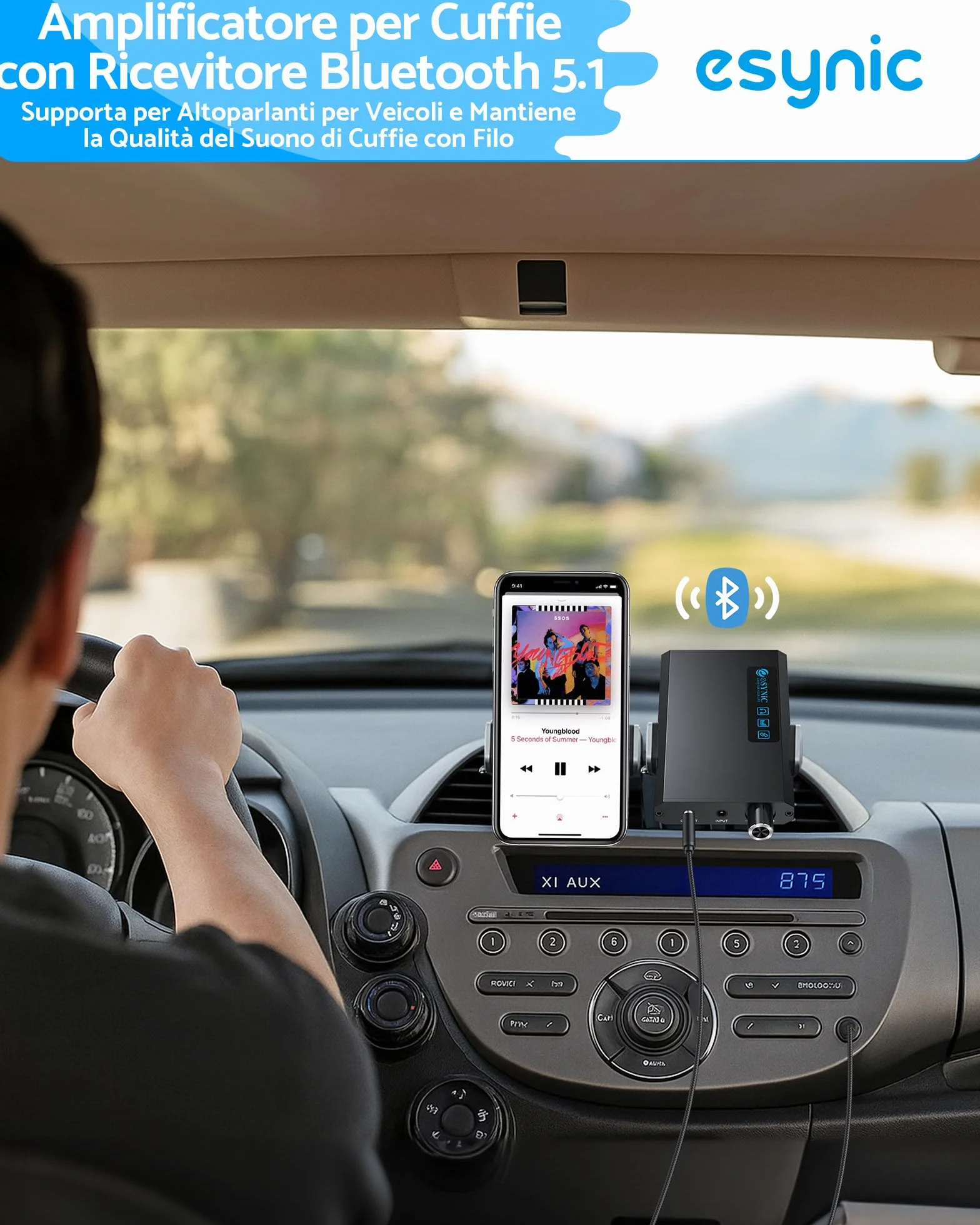 eSynic HiFi Amplificatore per Cuffie con Ricevitore Bluetooth 5.1, Impedenza 16-300Ω, 2 Livelli di Guadagno, Batteria Ricaricabile 1500mAh con Cavo USB-C e Cavo Audio, in Alluminio per MP3 Smartphone