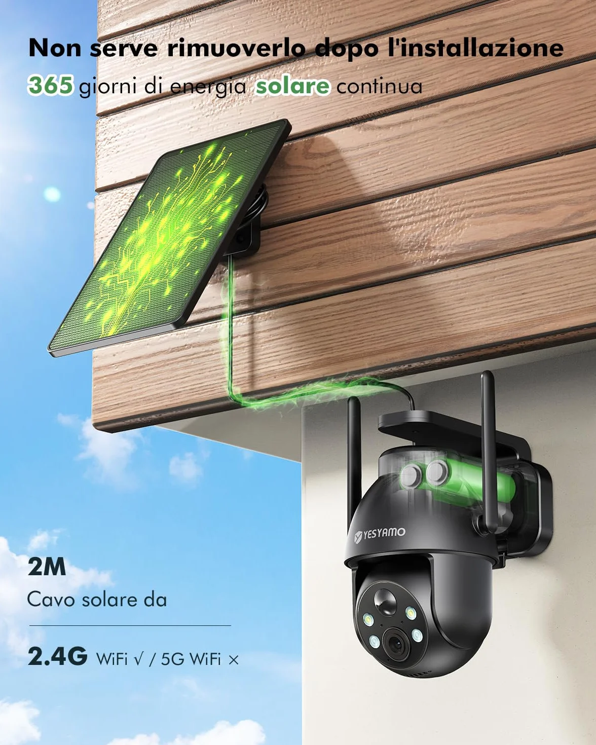 YESYAMO 2K Telecamera WiFi Esterno Senza Fili Pannello Solare, Videocamera Sorveglianza a Batteria 360° PTZ Visione Notturna Colori Audio Bidirezionale IP66
