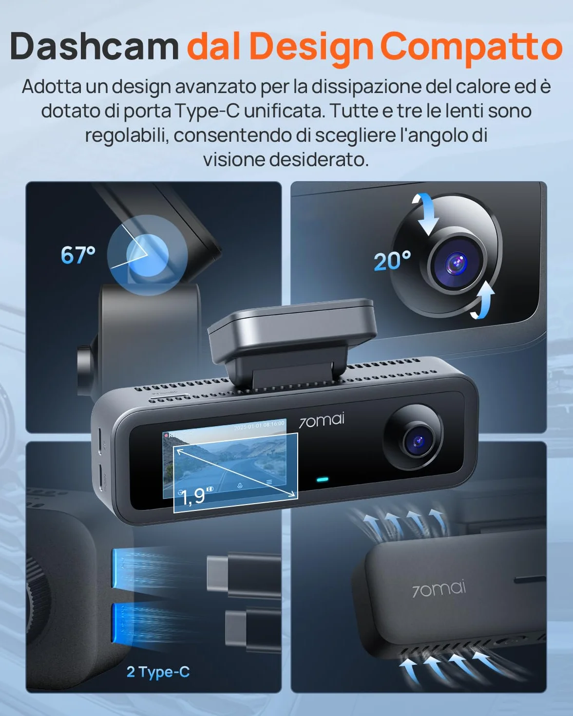 70mai T800E Dash Cam 4K 3 Canali Tripla Telecamera Anteriore e Posteriore 4K+1080P+1080P HDR Visione Notturna IR GPS Supercondensatore 64 GB SD