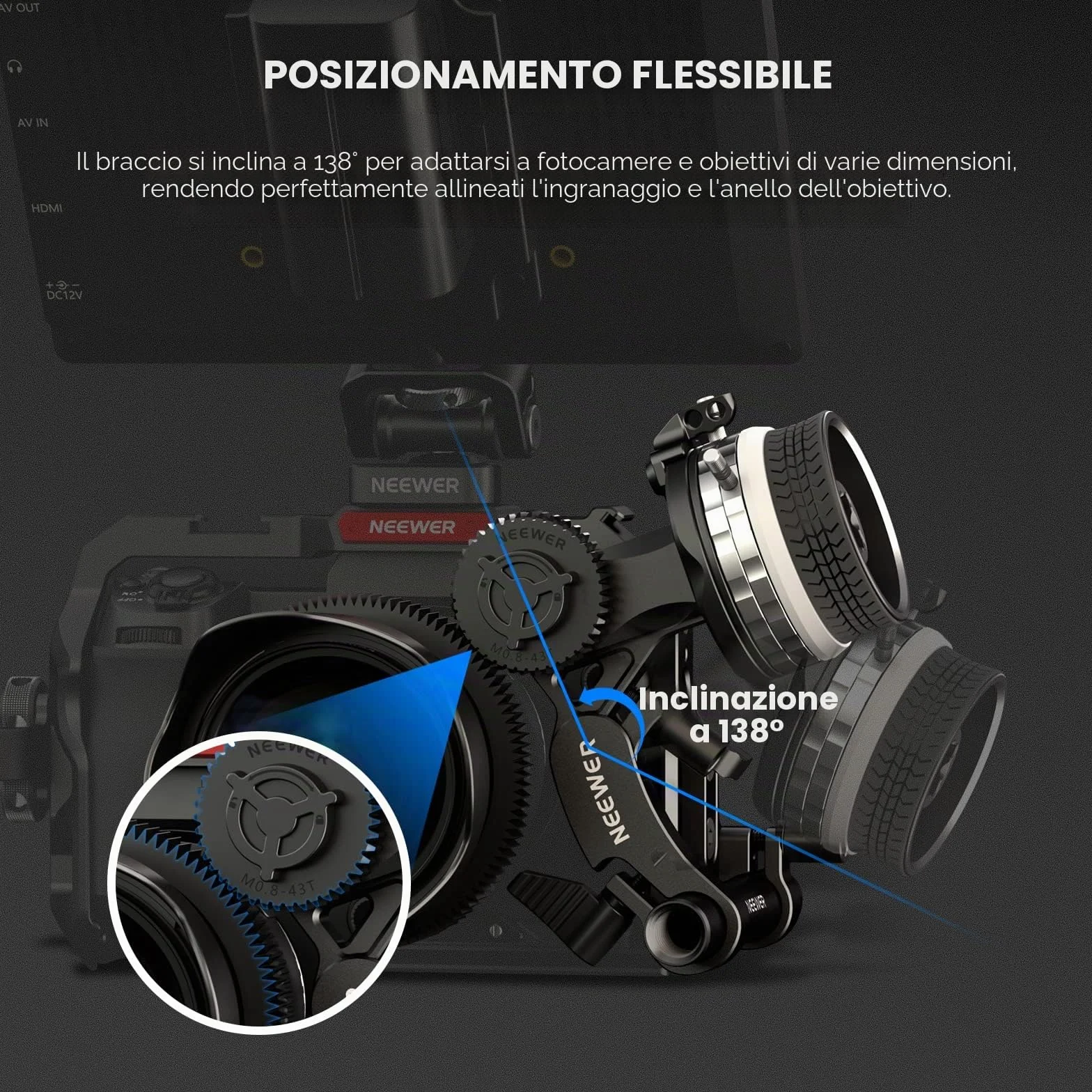 NEEWER Mini Follow Focus con attacchi A/B, corona dentata, asta da 15 mm e morsetto per fotocamera a film, fotocamera DSLR/senza specchio, compatibile con lenti di diametro fino a 114 mm, PG001