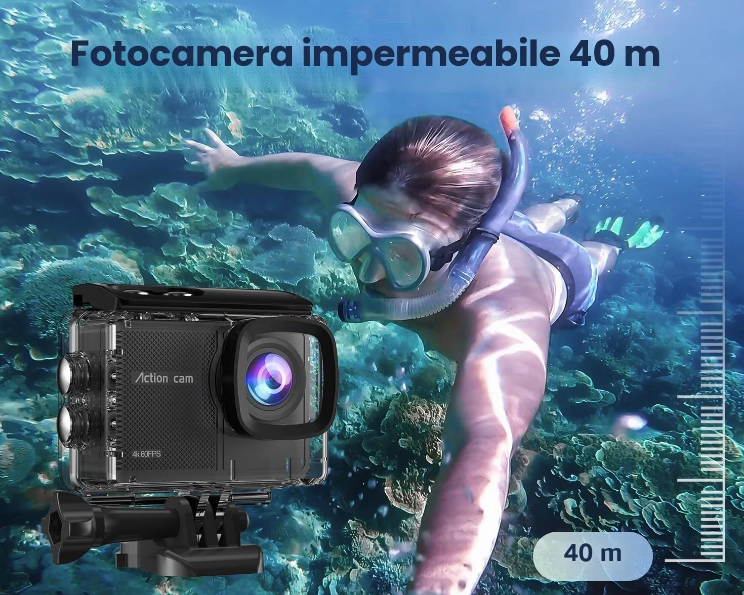 Action Cam 4K60FPS con Scheda Da 128GB, 131FT Fotocamera Subacquea con 8X Zoom,48MP HD WIFI Videocamera 170° Telecamera EIS,Telecomando 2x1350mAh Batterie