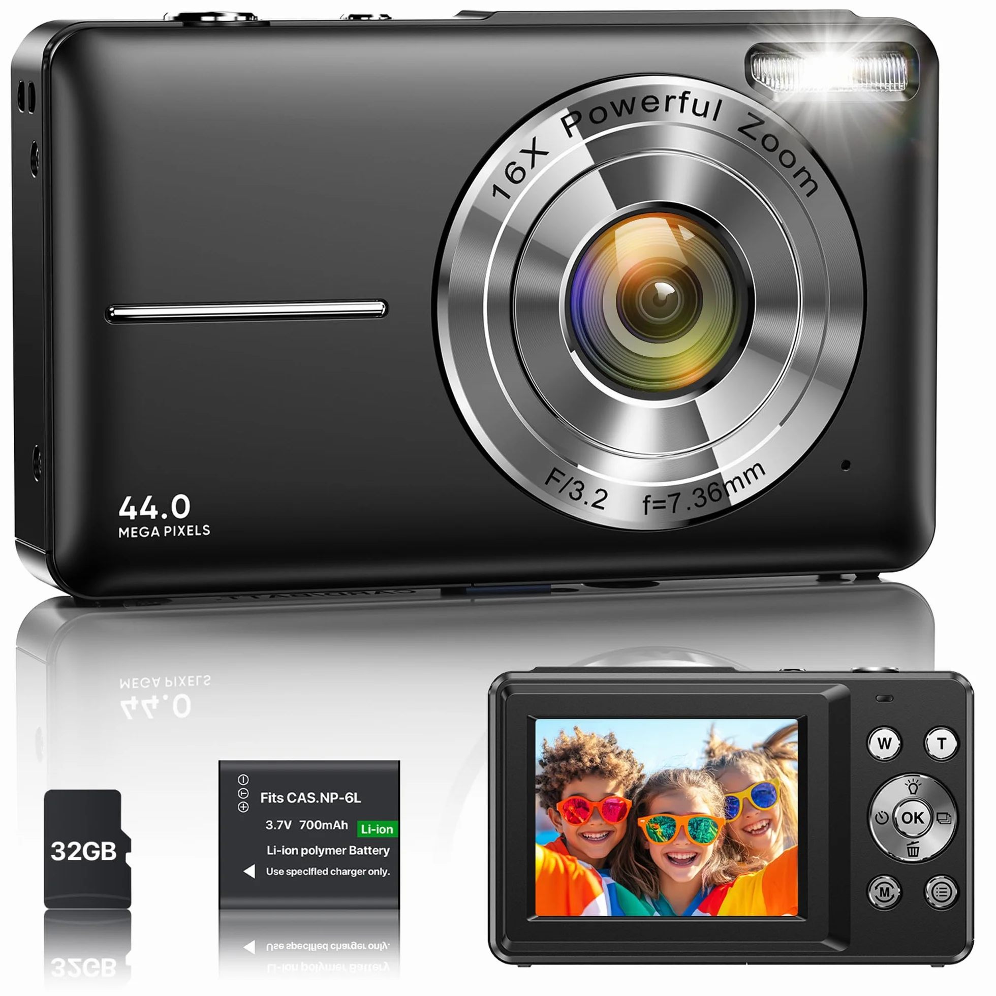 Fotocamera Digitale 1080P 44MP Vlogging Bambini FHD Compatta Portatile Schermo 2,4" Zoom 16X Anti-Shake Nero