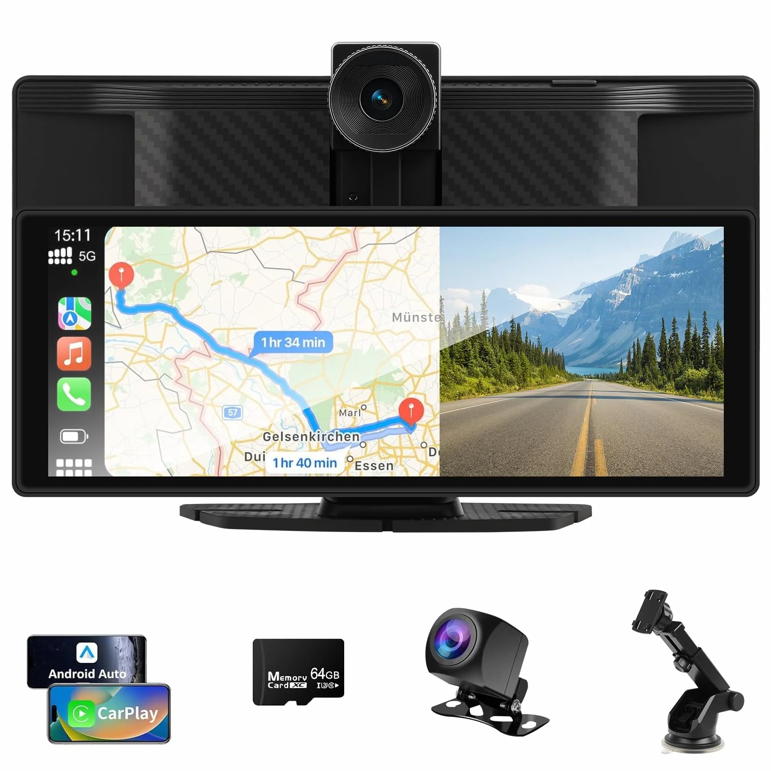 Display Carplay da 10,26 pollici - Display wireless Android Auto Car Play con dashcam 4K, telecamera posteriore 1080P, touchscreen IPS, Bluetooth Mirror Link, schermo diviso, radio FM/AUX, 64G TF