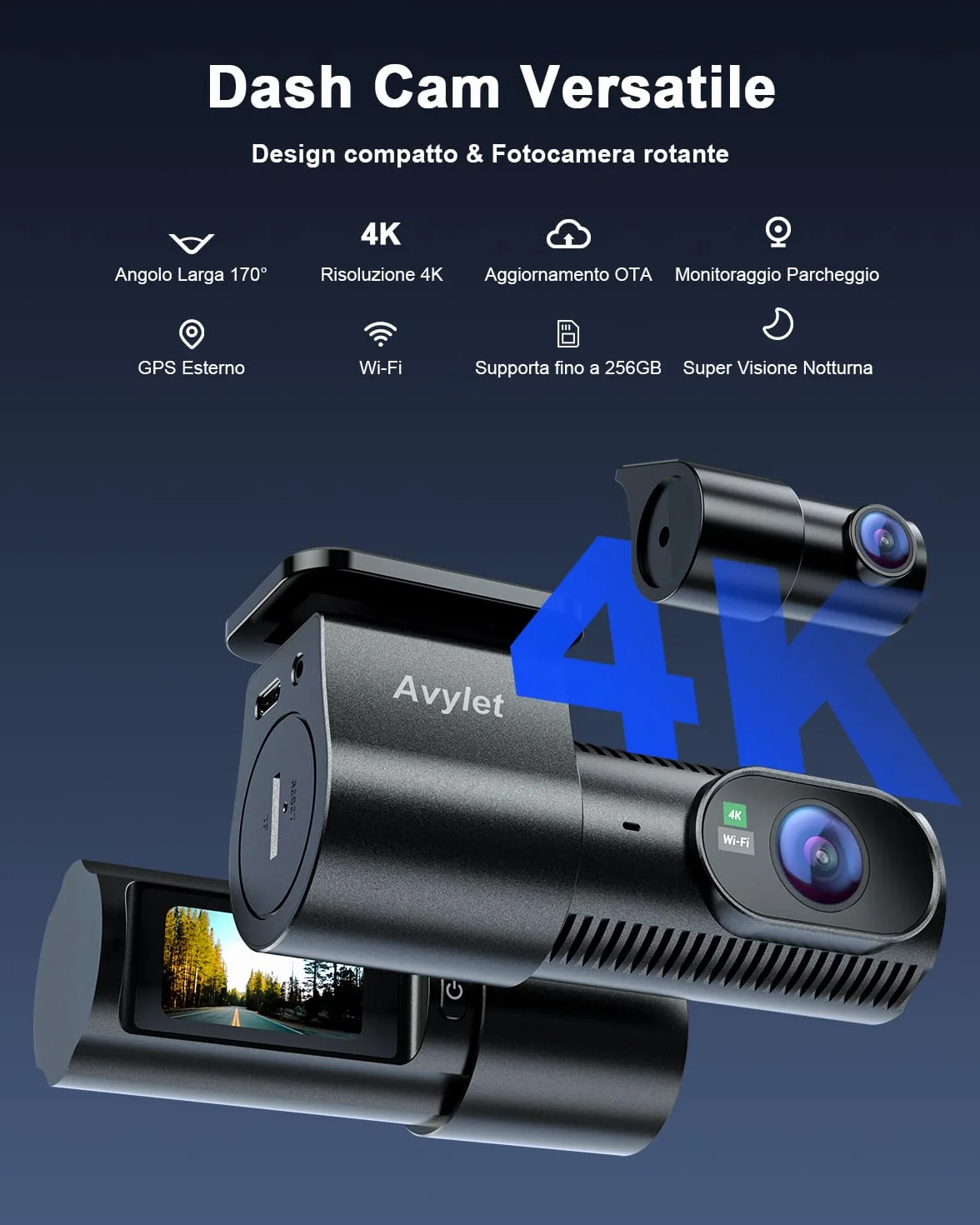 Avylet Dash Cam Auto 4K+1080P Anteriore e Posteriore, Schermo da 1,5", WiFi 5GHz, Grandangolo 170°+150°, Visione Notturna, Modalità Parcheggio 24H, WDR, App, G-Sensor, Loop, Supporta 256GB