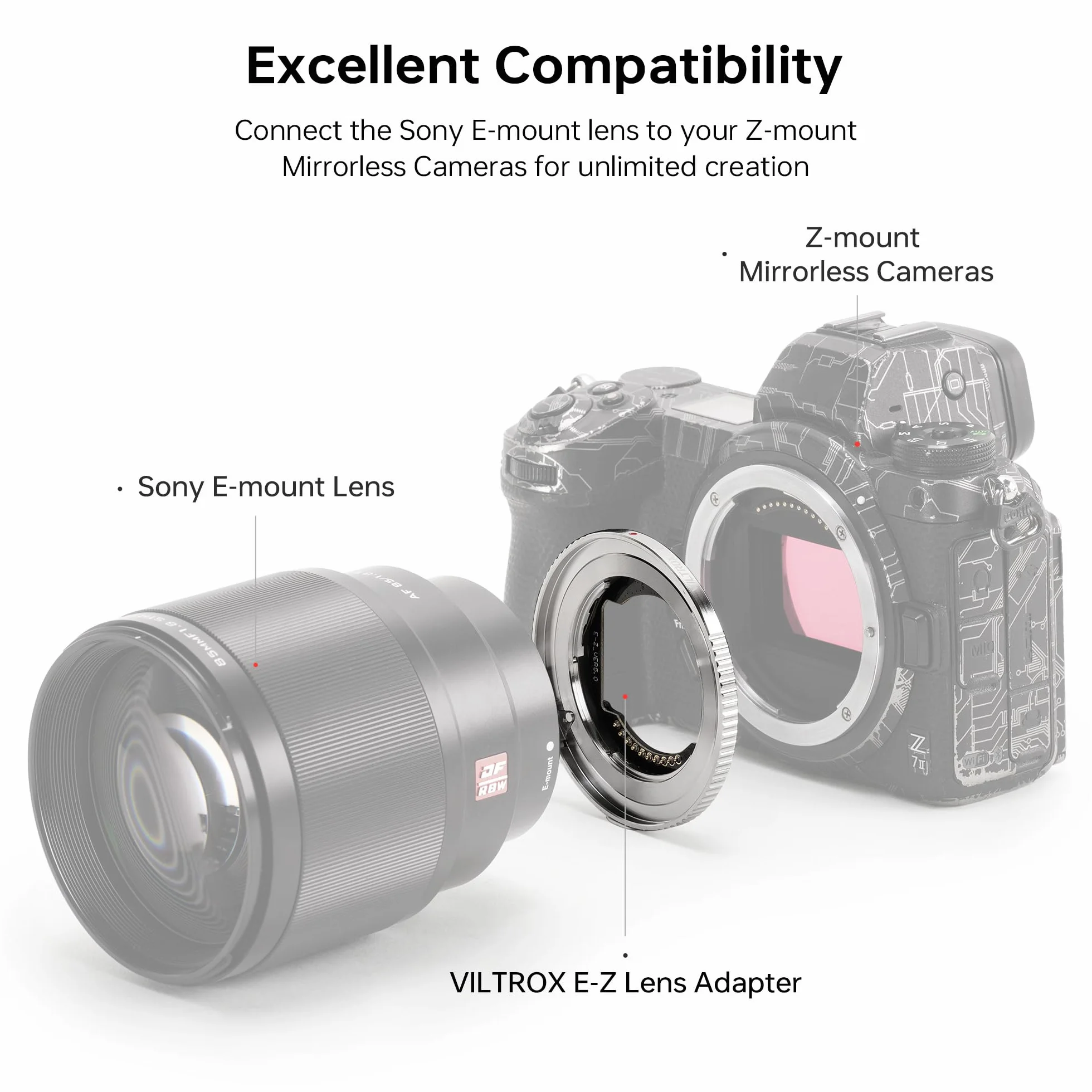 VILTROX E-Z Adattatore per obiettivo, convertitore per obiettivo autofocus Anello adattatore compatibile con obiettivi attacco E per fotocamere mirrorless Nikon attacco Z Z5 Z50 Z6 Z6II Z7 Z7II Zfc