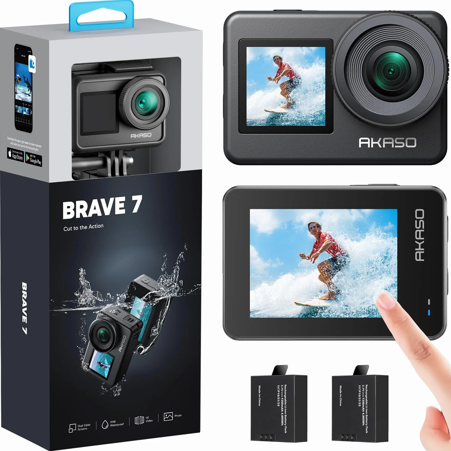 AKASO Brave 7 Action Cam 4K 30FPS 20MP, IPX8 Fotocamera Subacquea Stabilizzata, Impermeabile Videocamera con Comando Vocale, Grandangolare, Doppio Touchscreen