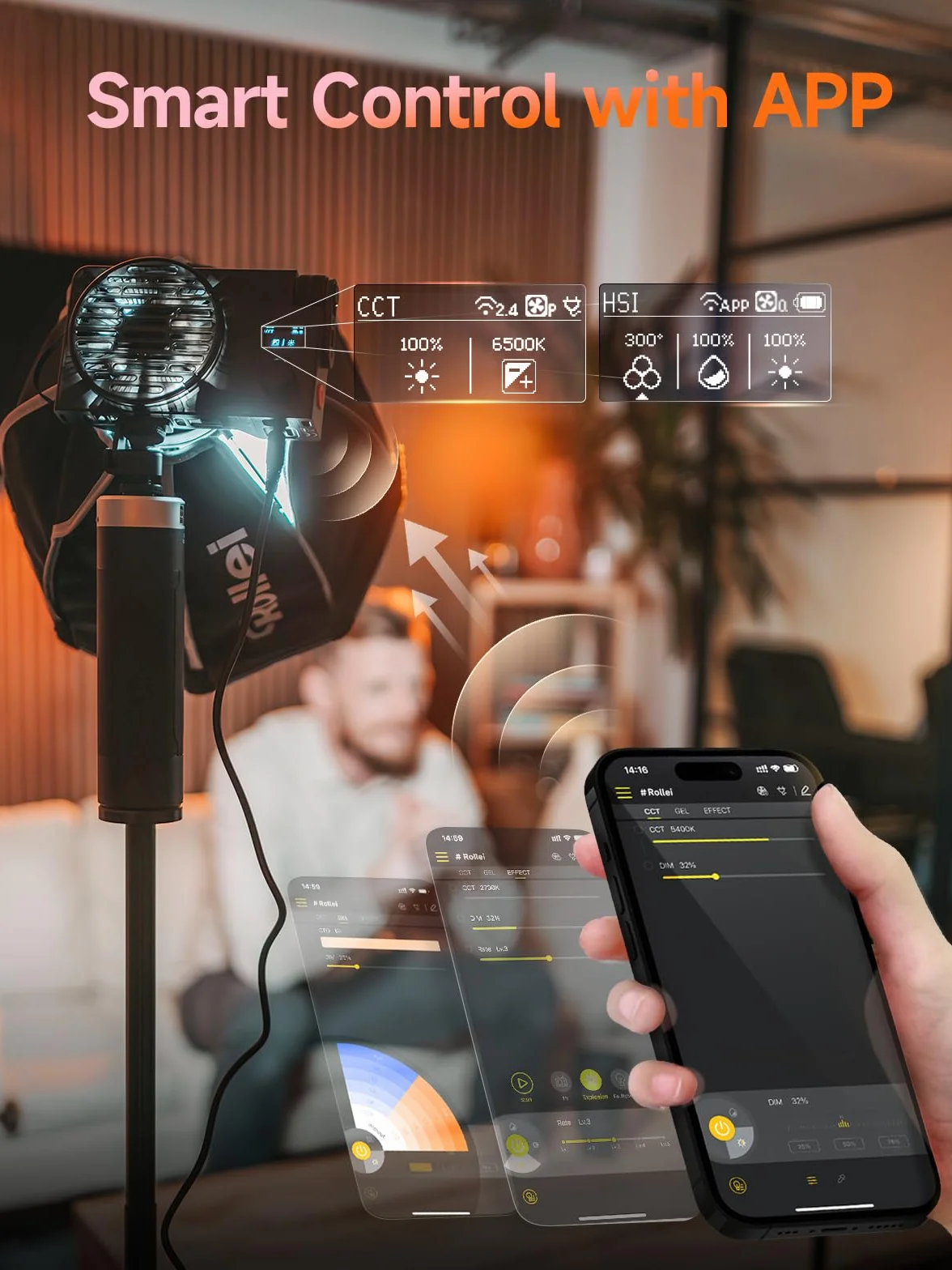 Faretto Fotografia, Rollei LUX 100W Luce Video Professionale Portatile 345 g DC/Tipo C con APP Candela per Registrare Video Intervista Live Streaming, Faretto-LED-Luce-Fotografia-Video