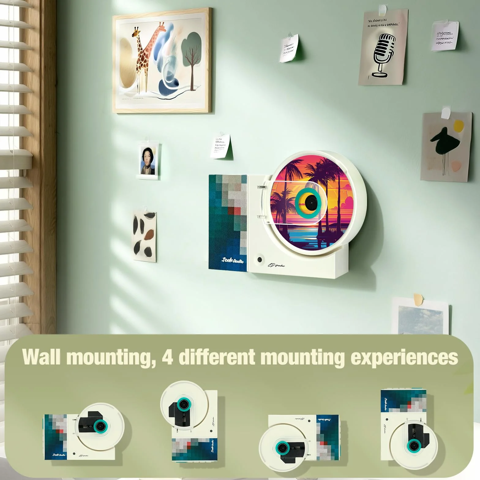 Lettore CD Retrò Montabile a Parete con Bluetooth, USB, Ingresso AUX, Altoparlante Audio per la Casa, 4000mAh, con Telecomando per Decorazione Domestica (VERDE)