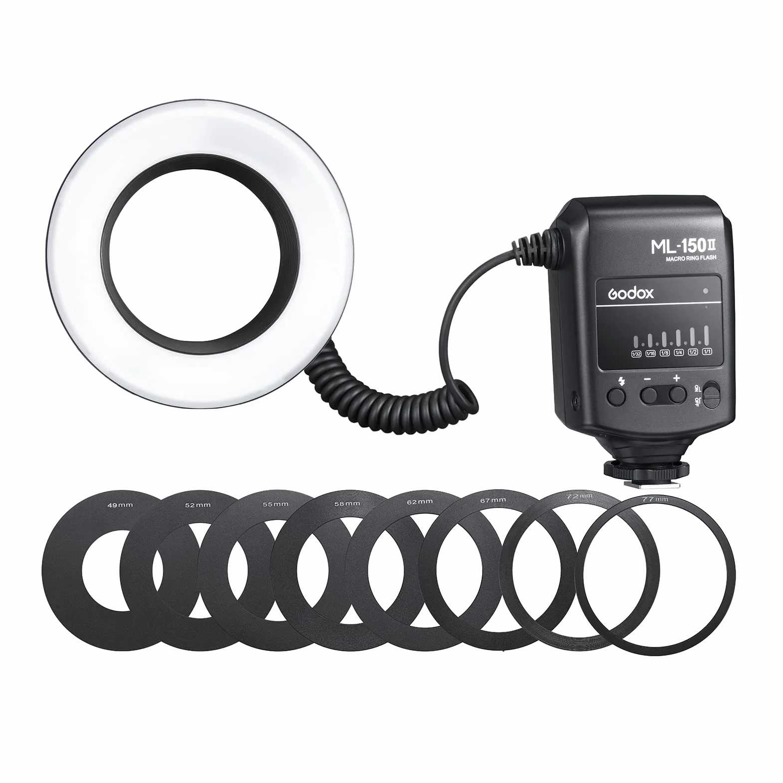 Godox ML-150II Universale Macro Ring Flash Light 11 Livelli Luminosità Regolabile GN12 Riciclo Veloce con 8pcs Anelli Adattatore di Ricambio per Canon Nikon Sony DSLR Camera