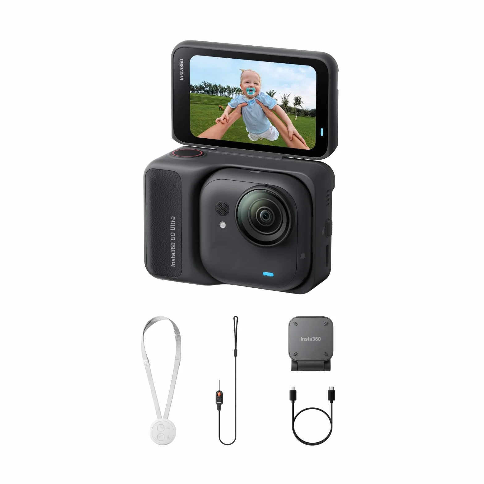 Insta360 GO Ultra Nero- Mini action cam 4K, vlog camera, fotocamera POV a mani libere, sensore 1/1,28″, pockect cam 53 g, FOV 156°, autonomia 200 min, indossabile con aggancio magnetico per sport