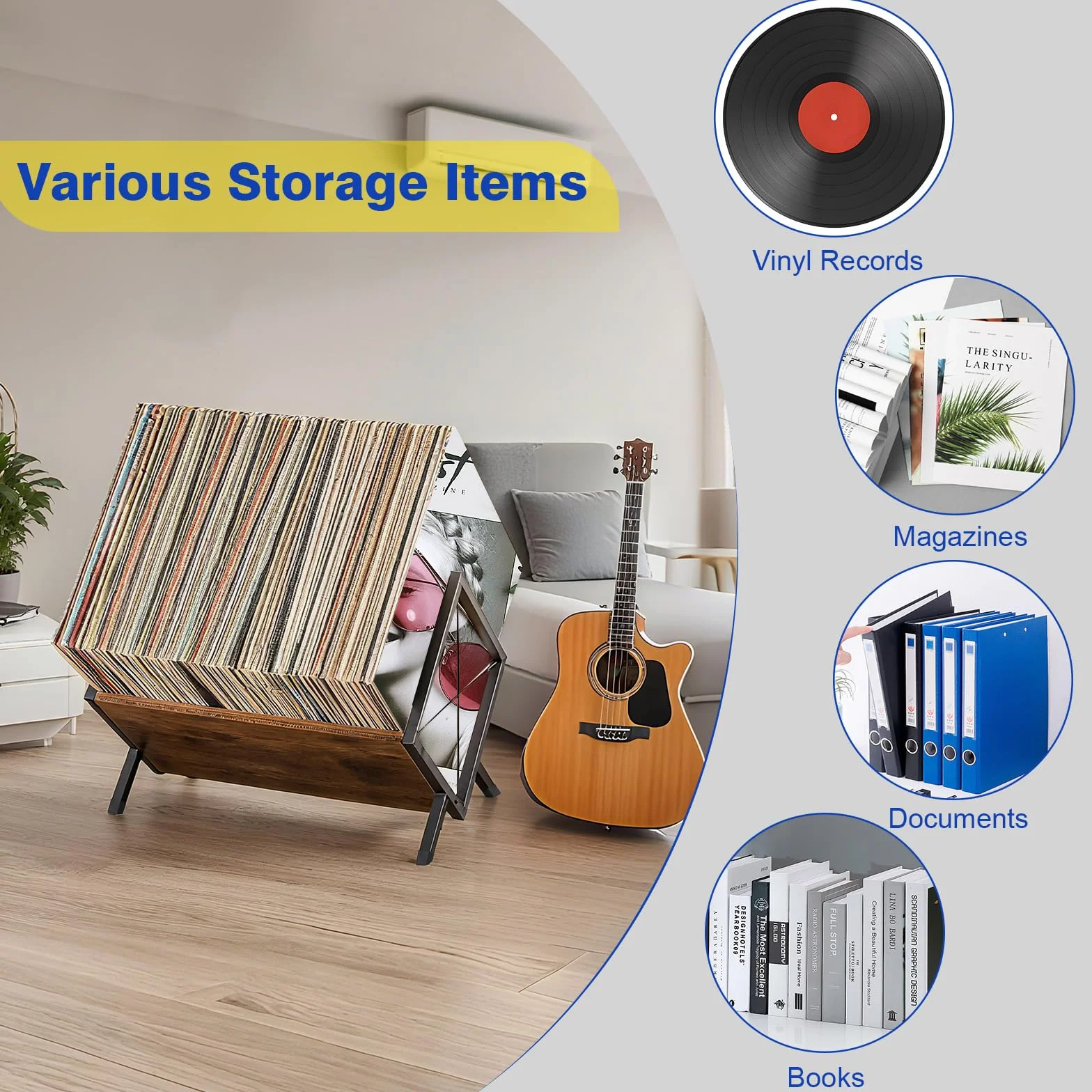 Porta Dischi in Vinile, Porta Dischi da 80-100 LP, 40 x 30 x 30 cm, Ripiano a 1 Ripiano con Divisore Antiscivolo, Organizer per CD, Album, Riviste, Libri