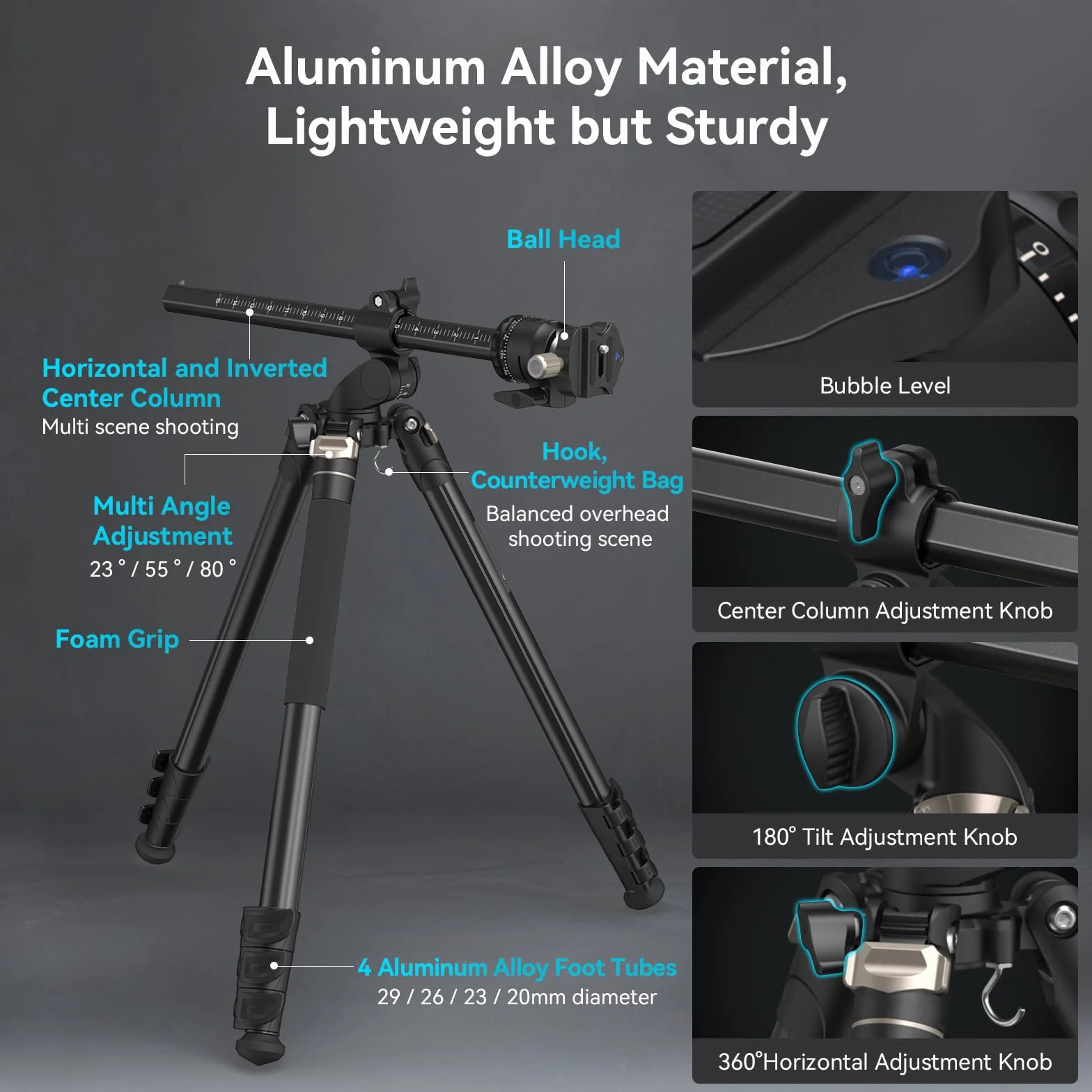 SMALLRIG 2 in 1 Camera Tripod, Treppiede/Monopiede Orizzontale con Colonna Centrale con Rotazione a 360°, con Supporto per Smartphone, per DSLR, Videocamera, CT200, Carico Massimo 22lb/10kg - 4288
