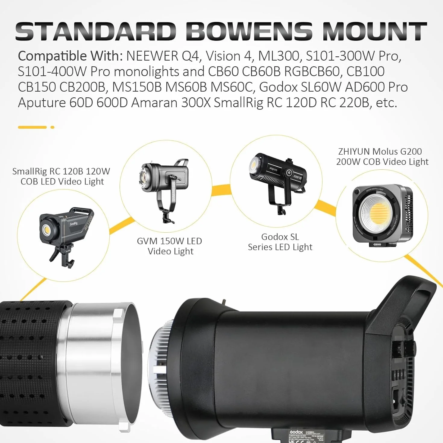 Snoot Bowens Mount Proiettore con 25 Gobos e 4 Filtri Colori, per Aputure Amaran 100X/D 200D/X, Godox SL60, Snoot per fotografia ottica Spotlight