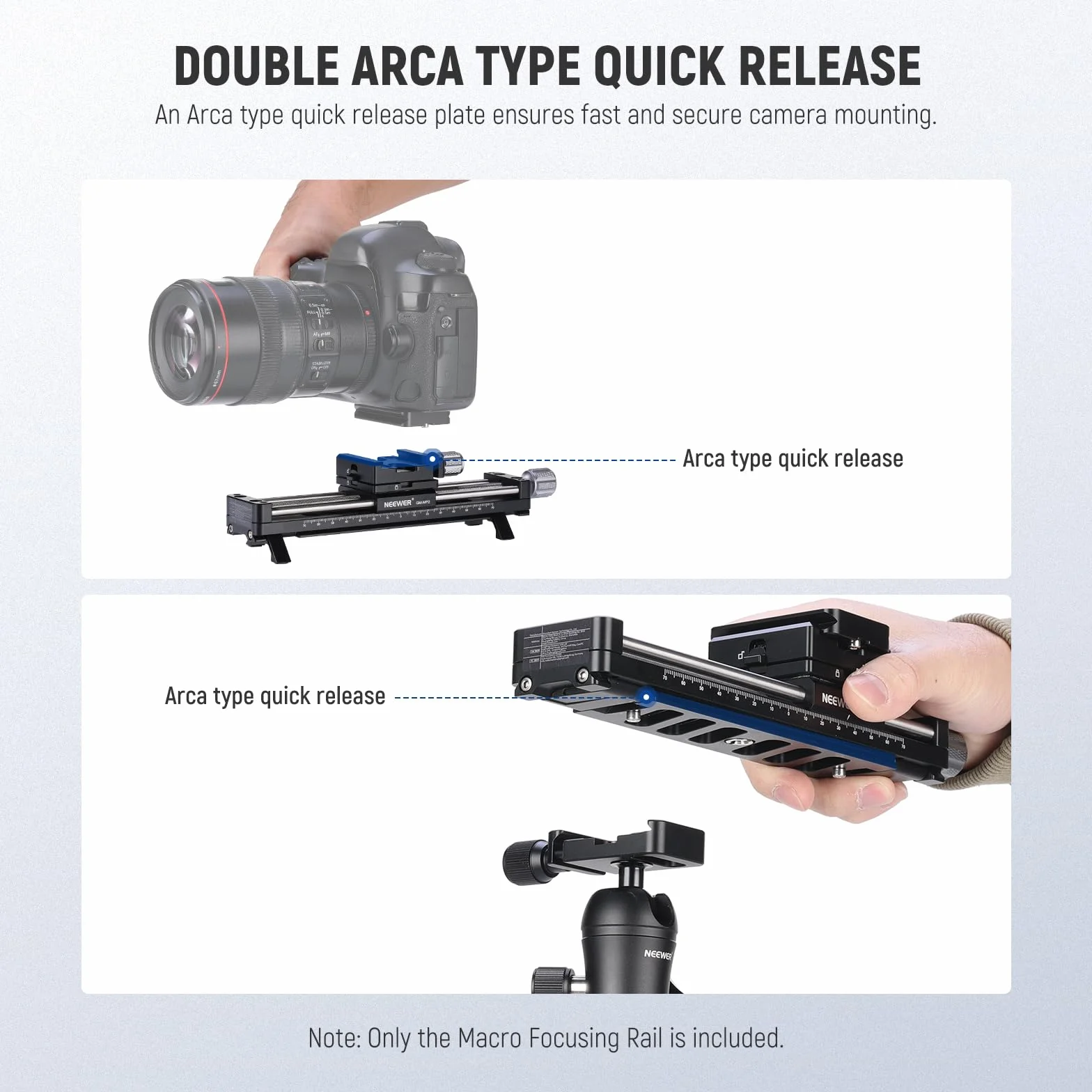 NEEWER Guida di Messa a Fuoco Macro 140mm, Slider di Binario Macro Girevole a 360°, Blocco a 4 Direzioni, Piedini Retrattili, Piastra QR Acra, Vite 1/4" e 3/8" per Fotografia Macro Primi Piani, GM-MP2