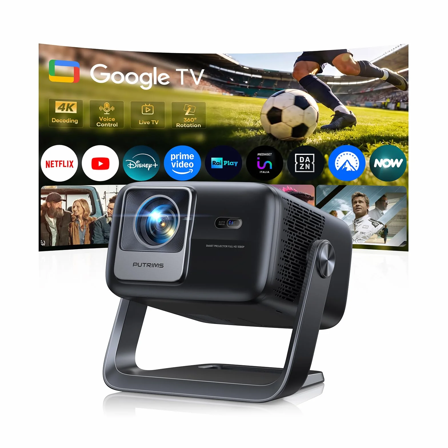 Proiettore 4K【Google TV, 1200 ANSI, 360° Rotazione, 30W HiFi】Videoproiettore HDR10 Auto Focus e 6D Keystone, WiFi Bluetooth, Proiettore Portatile Controllo Vocale, Projector Soffitto e Home Cinema
