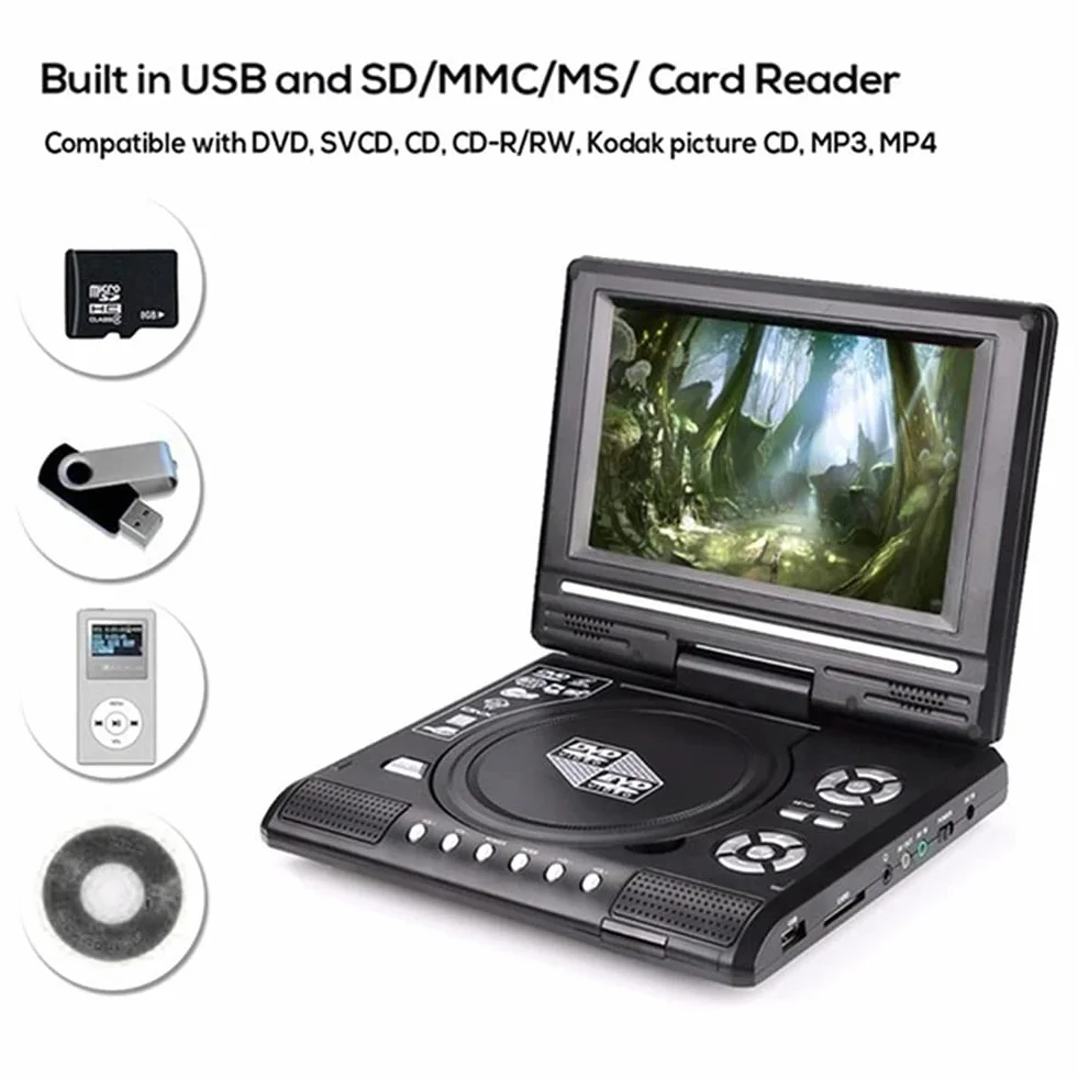 TV Portatile da 7,8 Pollici Lettore Dvd per Auto da Casa HD VCD CD Lettore MP3 HD EVD con TV/FM/USB/Funzione di Gioco-Spina UE, 500139987
