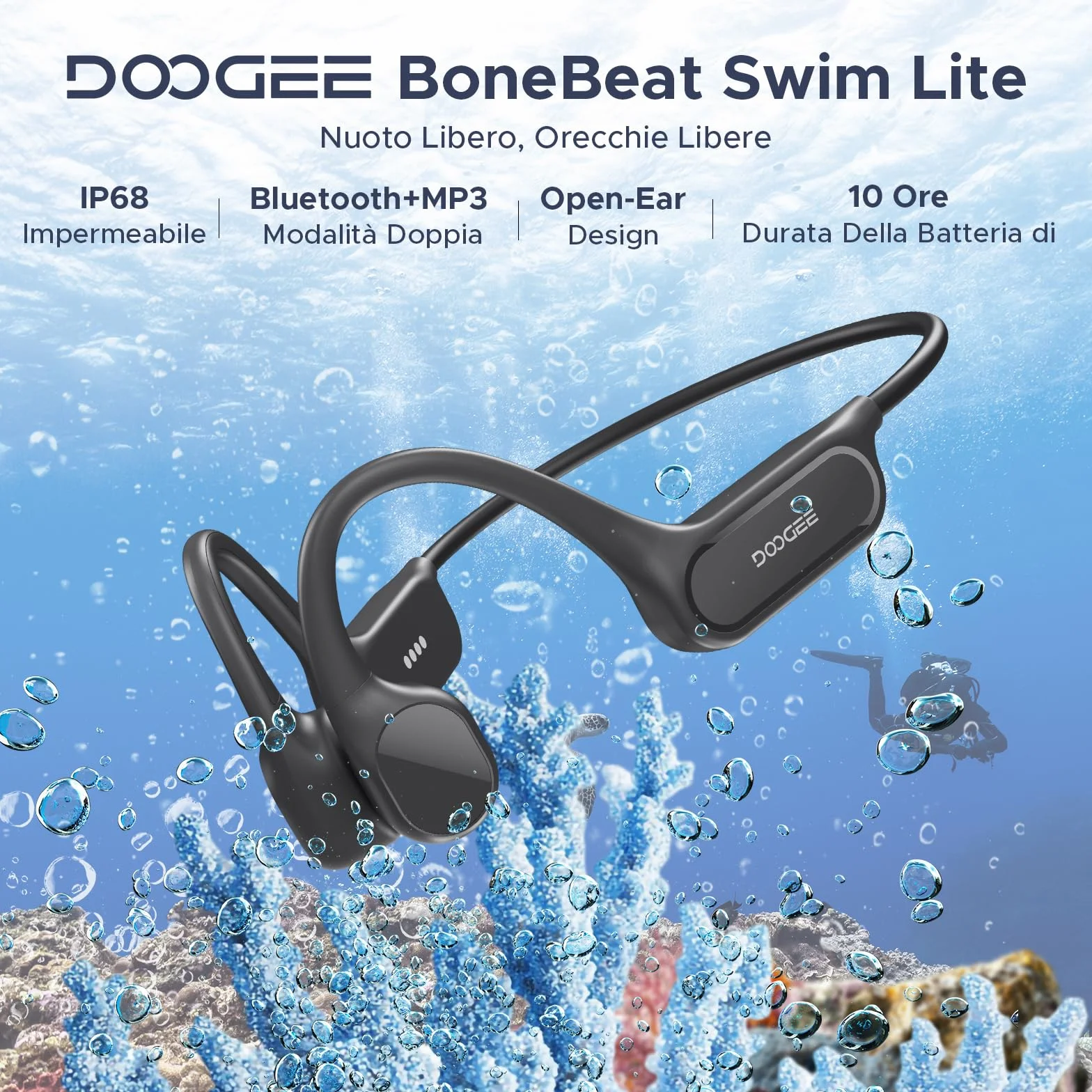 Cuffie a Conduzione Ossea, 10 Ore di Autonomia, IP68 Cuffie Sport Running Inalámbrico Bluetooth 5.4 con Auricolari Aperti e Doppia Modalità MP3 da 32GB per Ciclismo, Nuoto Sott'acqua, Fitness