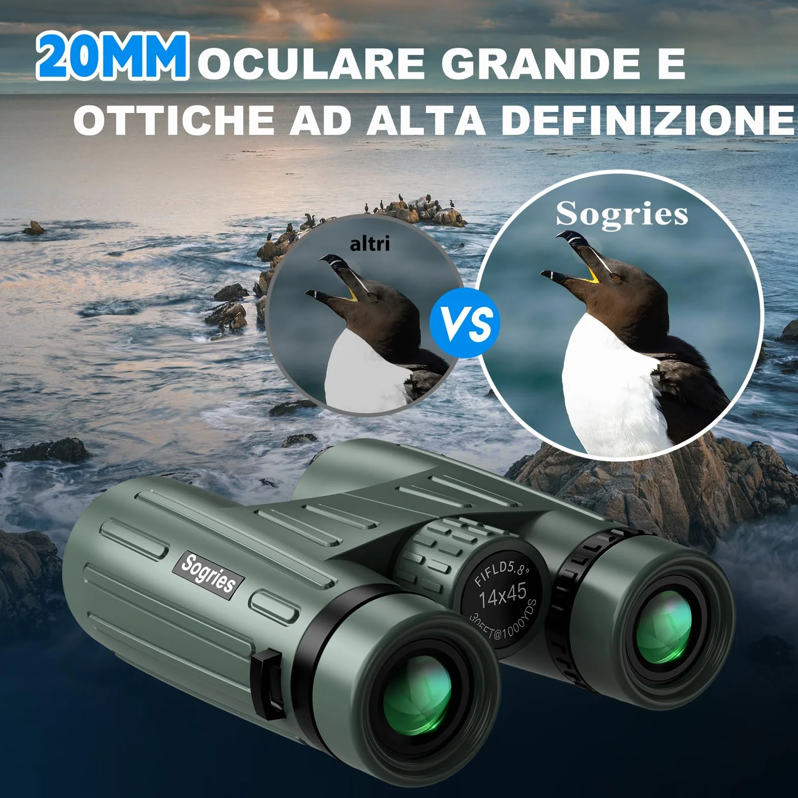 Binocolo 14 x 45 per adulti ad alta potenza, binocolo HD per bird watching, caccia, con adattatore per telefono in lega di alluminio, treppiede, impermeabile e a prova di nebbia, ampia visuale per