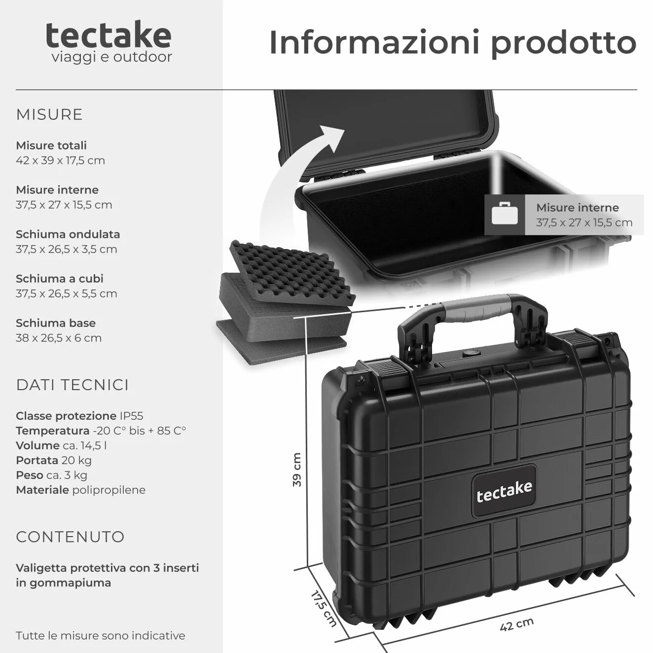 tectake® Valigetta Universale per Fotocamera, Custodia Macchina Fotografica, Leggera, Robusta, Porta Macchina Fotografica, Valigetta Impermeabile Rigida, IP55 - dimensioni interne 37,5x27x15,5 cm