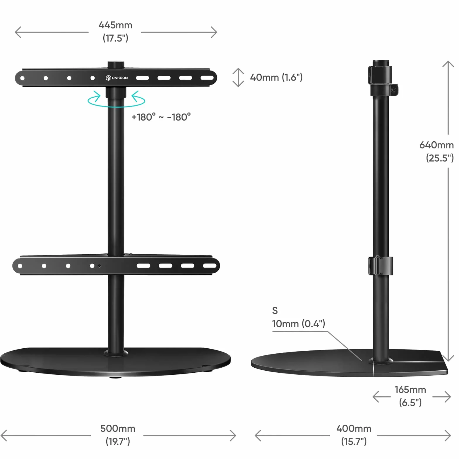 ONKRON Supporto TV da Tavolo 32 a 65 pollici, Carico 35 kg, Porta Televisore VESA 100x100 - VESA 400x400 mm, Rialzo per Televisore Girevole, Piedistallo TV Universale, in Vetro Temperato, Nero PT2-B