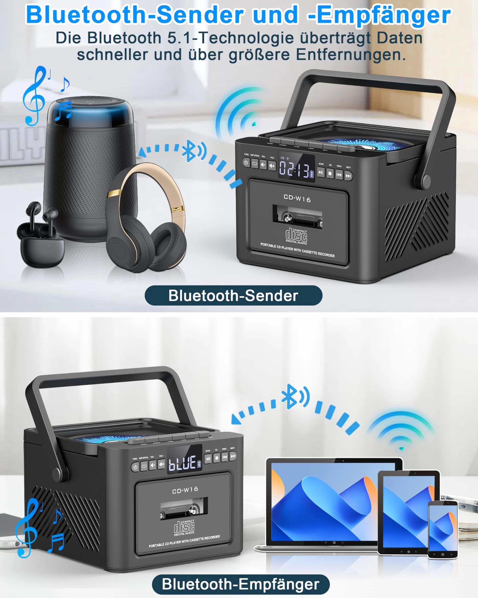 Grado Lettore CD portatile Boombox ricaricabile, Bluetooth, telecomando, batteria 5000 mAh, USB, AUX, scheda TF/SD, altoparlanti stereo 5 W (grigio)