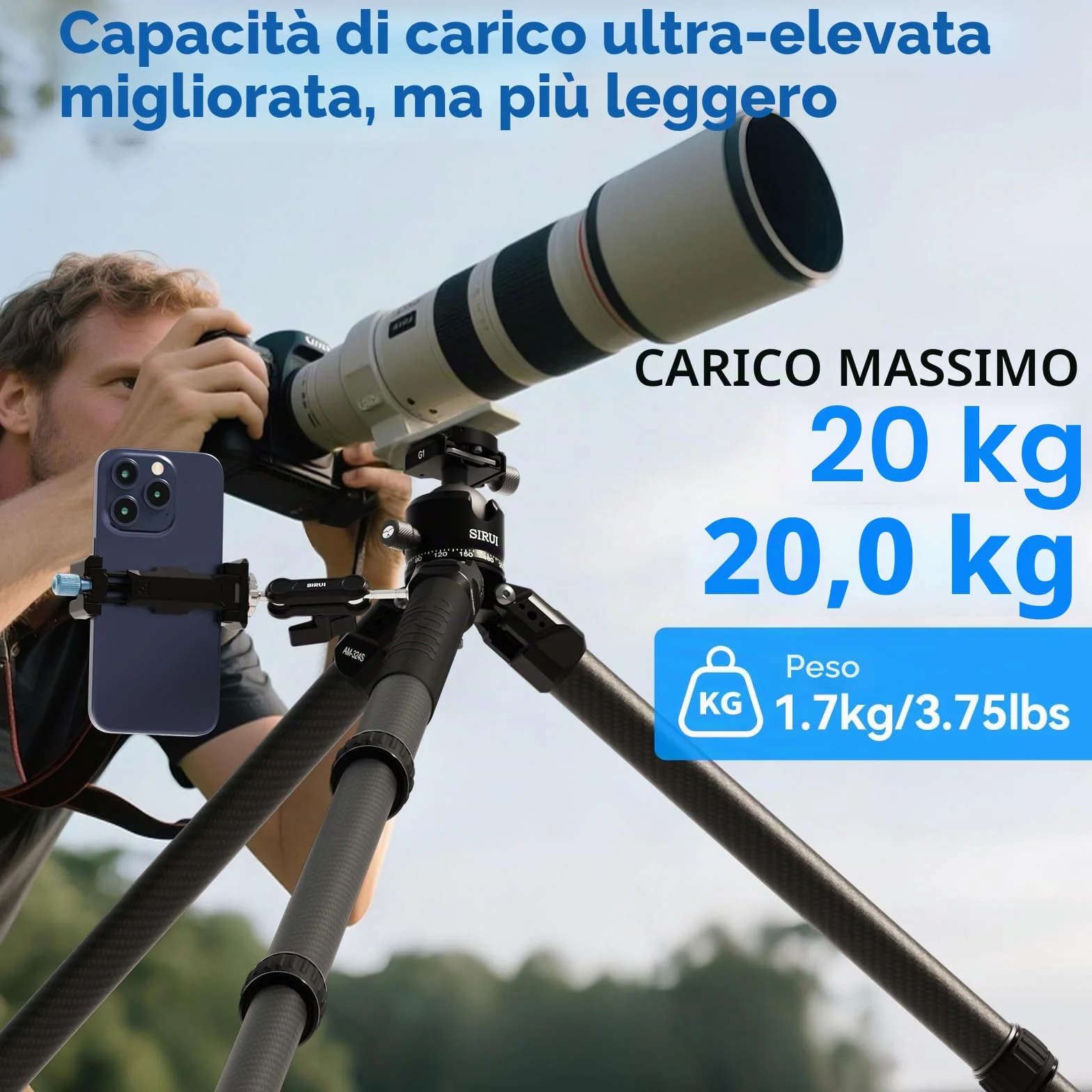 SIRUI Heavy-Duty Treppiede per Fotocamera in Fibra di Carbonio, 152CM Treppiede Professionale con 360° Testa a Sfera a Baricentro Basso, Leggero e Portatile, Carico Fino a 20KG, AM-324S+G1