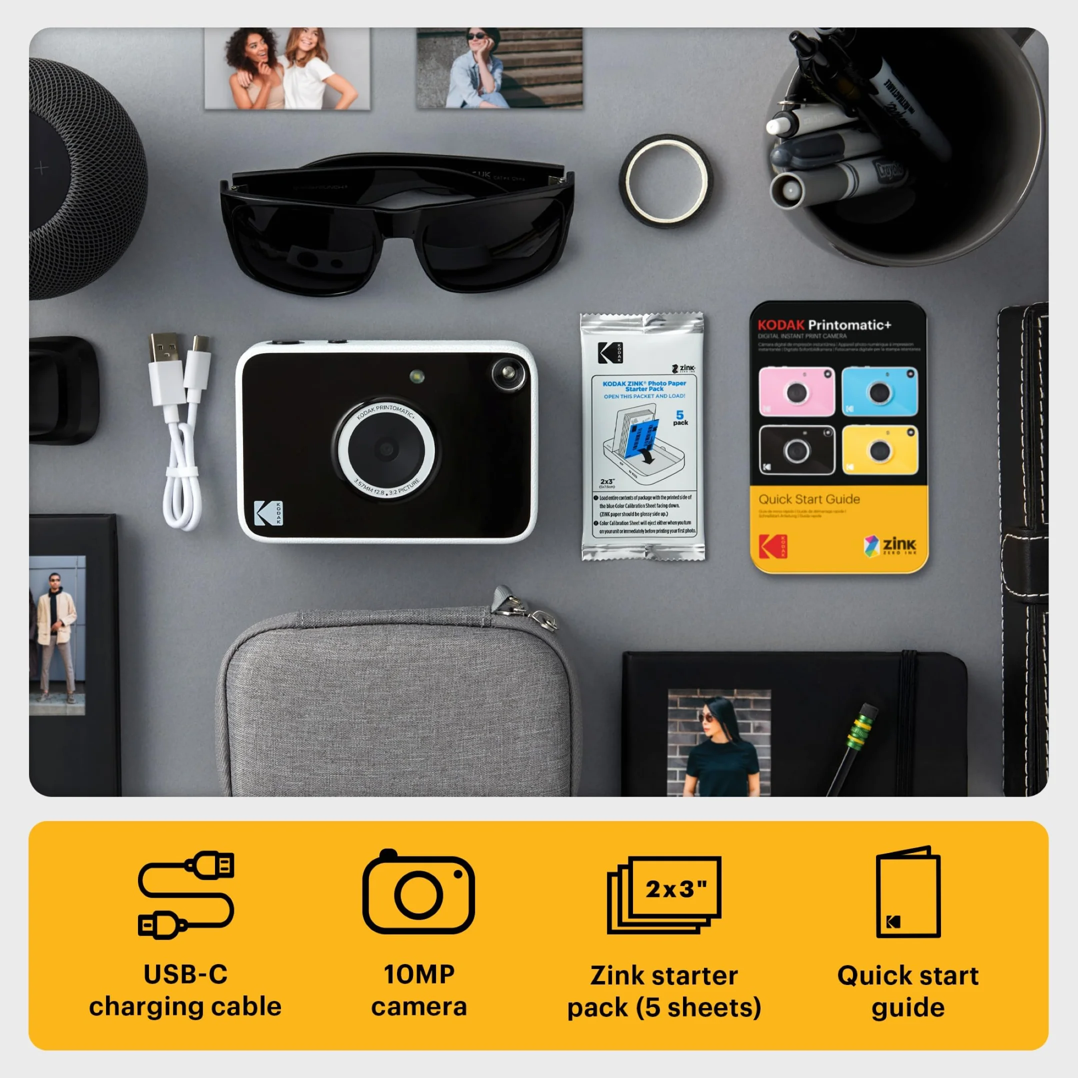 KODAK Printomatic+ Fotocamera Digitale Istantanea 10MP con LED RGB, stampa foto a colori su carta Zink 2x3” – Nera