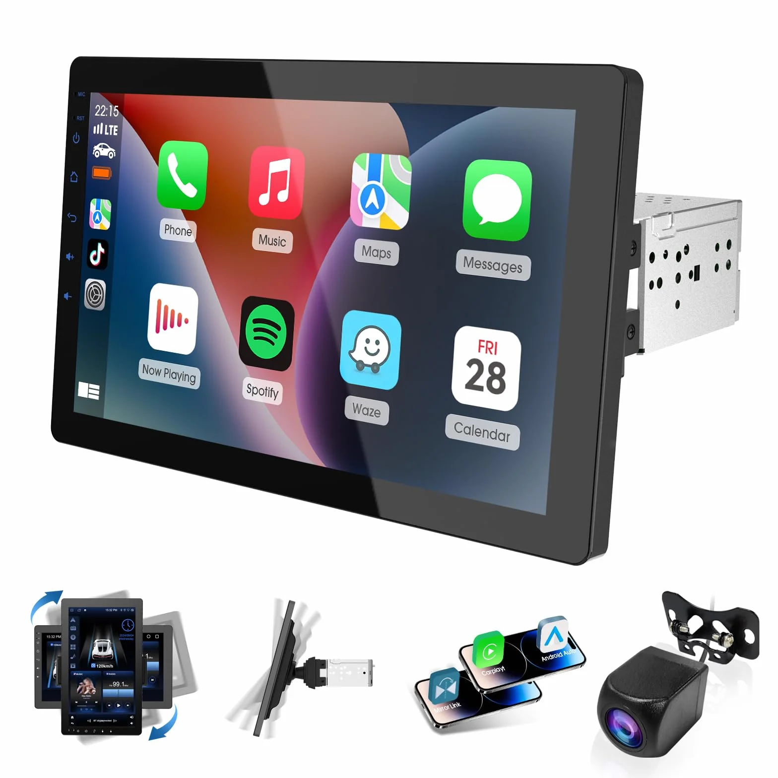 Haudio Girevole a 360° Autoradio 1 DIN Bluetooth con CarPlay & Android Auto,10.1 pollici girevole Touchscreen Lettore,con fotocamera di backup 1080P,Mirror Link,Bluetooth,AUX,RDS,FM/AM Radio