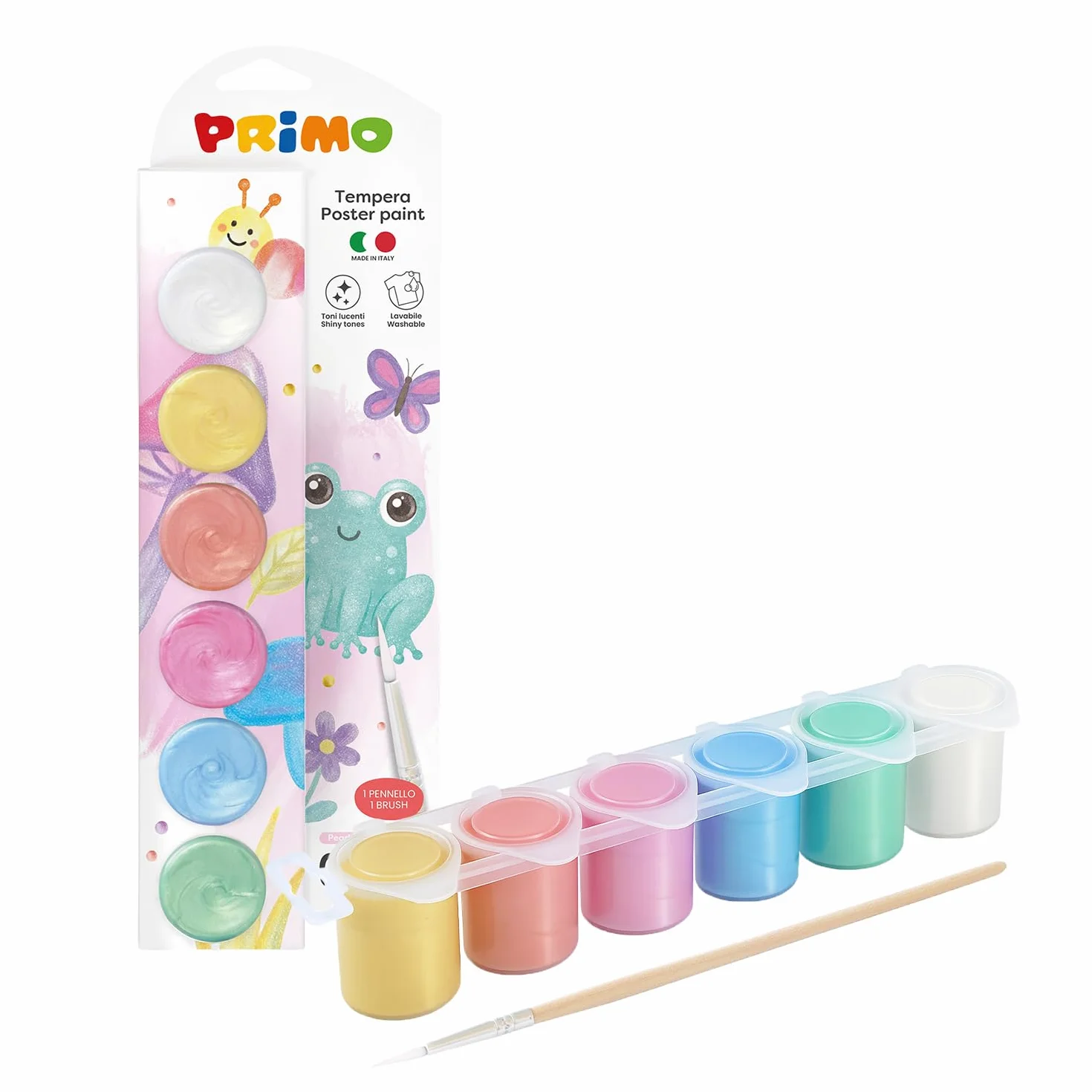PRIMO - Tempere per Dipingere + 1 Pennello, Kit 6 Colori per Bambini 3+ Anni (25 ml) Cartoleria, Pittura, Lavoretti Creativi, Didattica - Tempera Coprente su Più Superfici, Colore Perlato Miscelabile