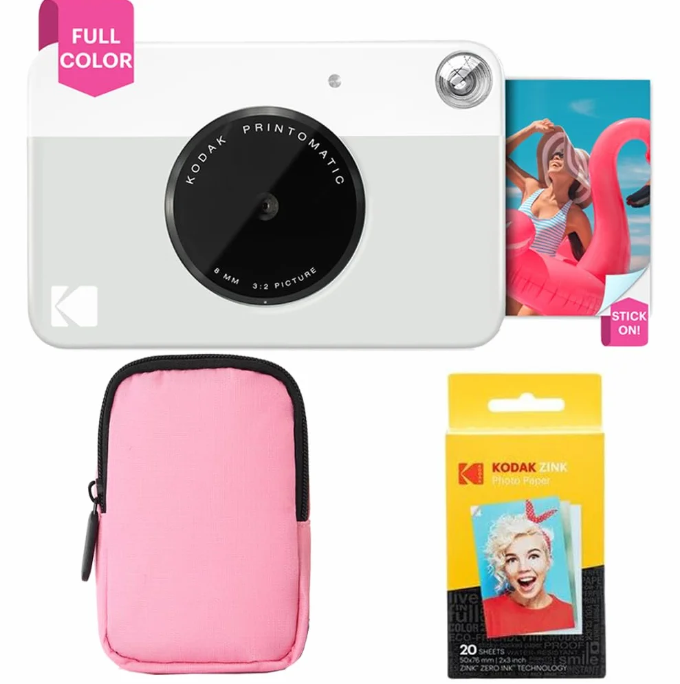 KODAK Printomatic Pacchetto iniziale per macchina fotografica a stampa istantanea a colori + Custodia morbida + Carta fotografica Zink 20pk - Foto colorate su carta adesiva 2x3" - Grigio