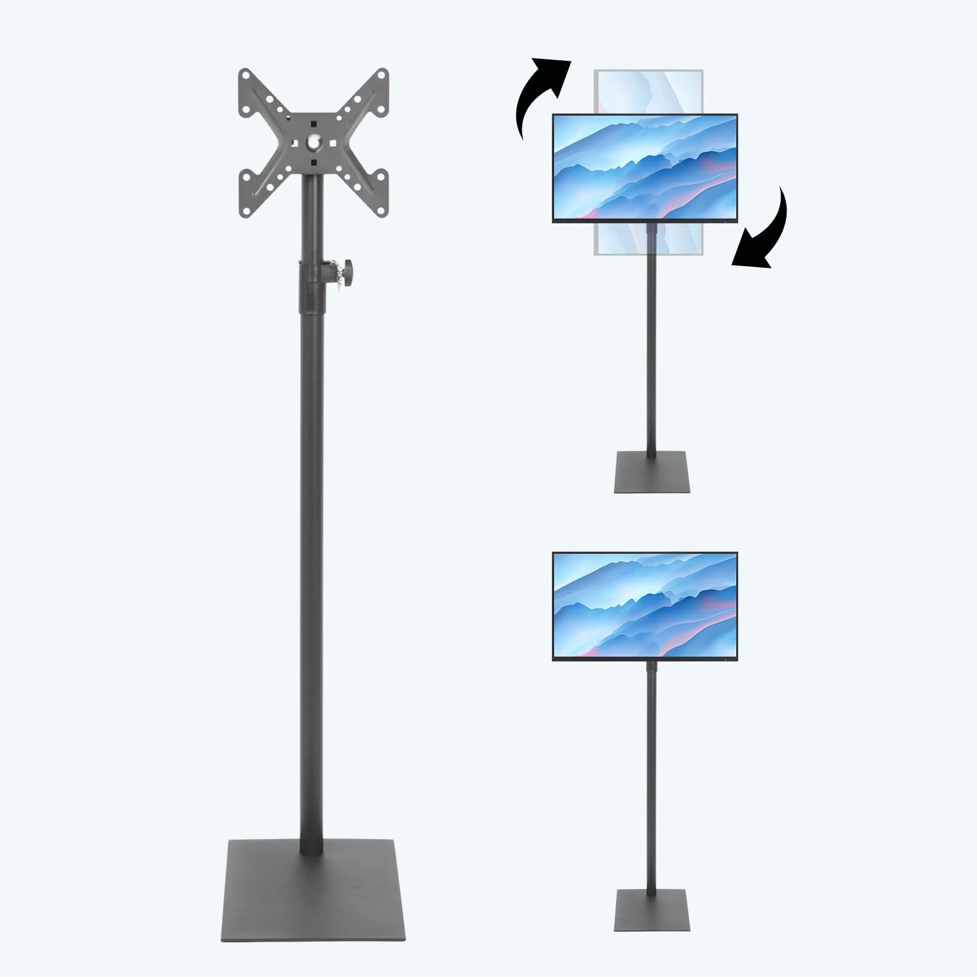 Supporto universale girevole per TV da pavimento con supporto a 360 gradi per TV da 14-43 pollici, inclinabile, autoportante, supporto VESA con 4 livelli di altezza regolabile per camera da
