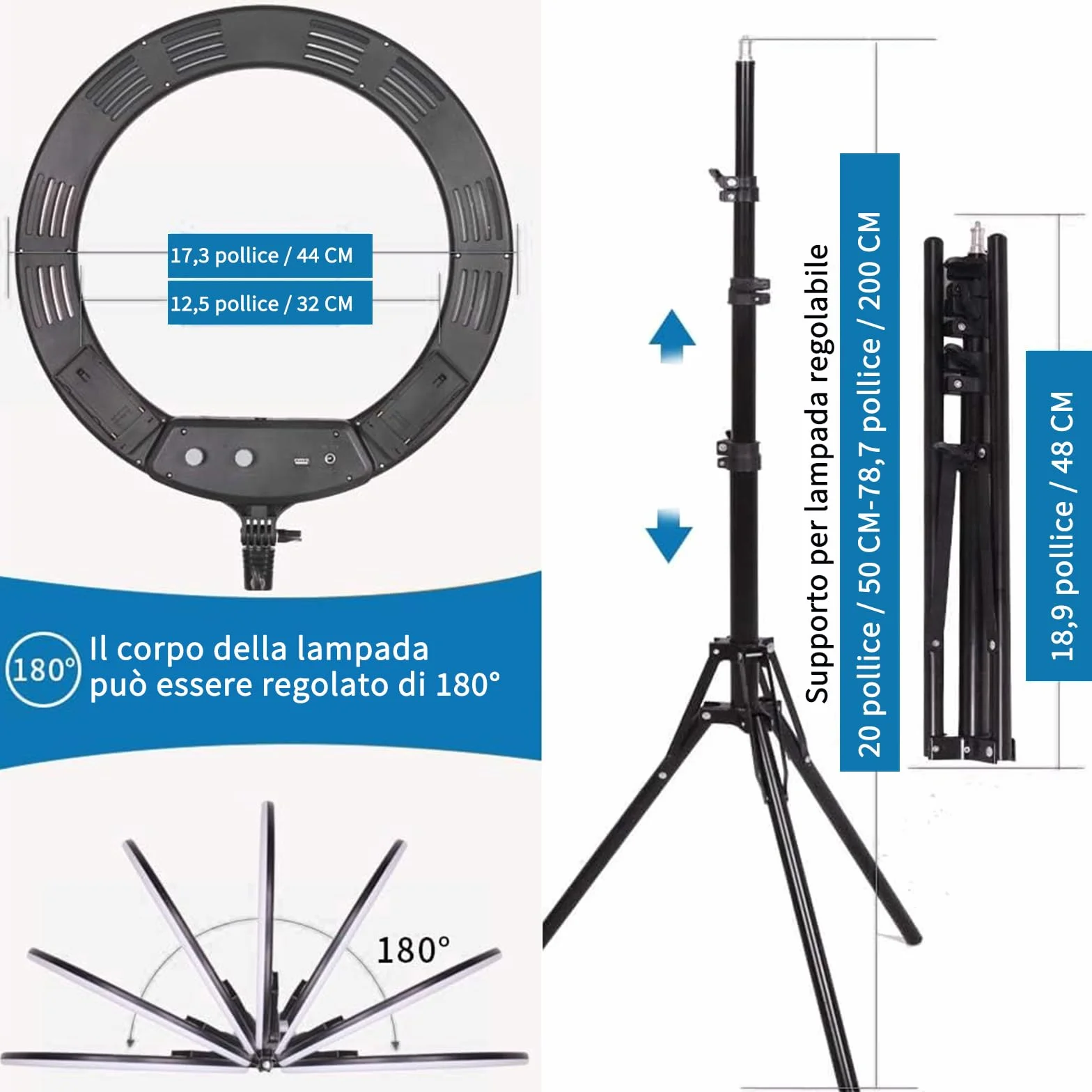 Luce ad Anello -18 Pollici 38 W 3200-5600 K Bicolore Dimmerabile LED Kit di Illuminazione per Fotografia di Bellezza Youtube TikTok, Trucco, Selfie, Ritratto, Tatuaggio, Sopracciglia,Luce video