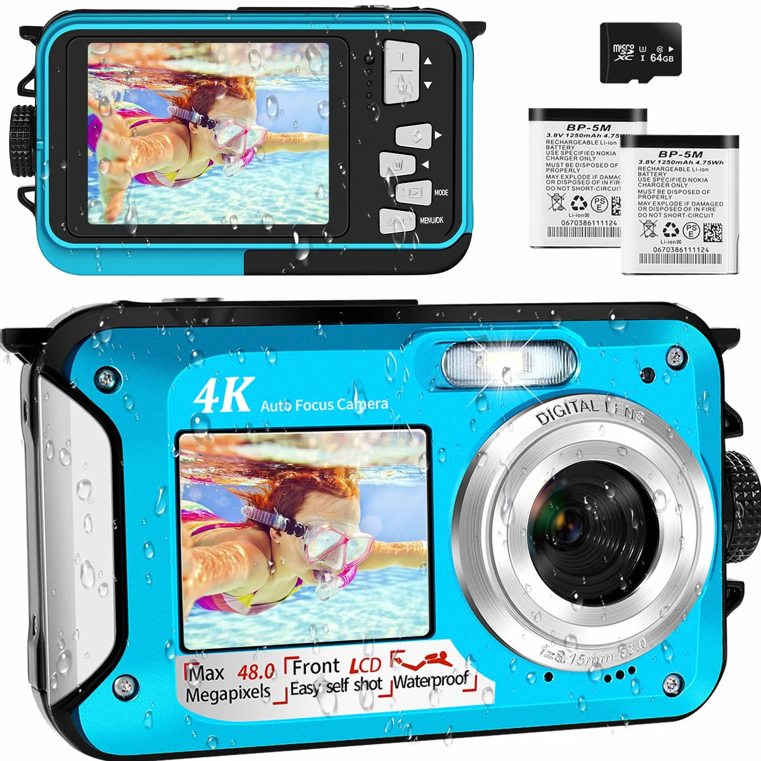 4K Macchina Fotografica Subacquea Con Scheda Micro SD da 64 GB - Fotocamera Subacquea 48 MP Con Autofocus E Doppio Schermo - 3 Metri Fotocamera Subacquea Digitale (2 Batterie Incluse)