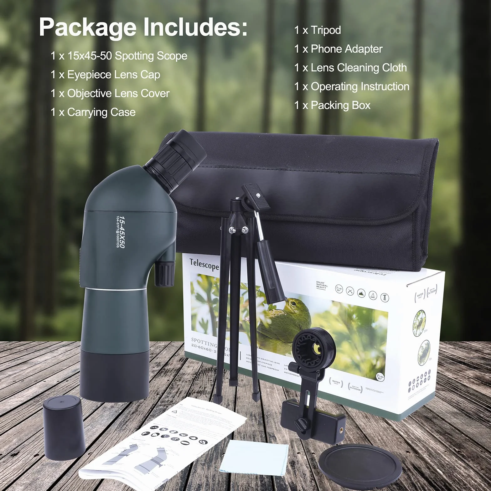 15-45x50 Cannocchiale con Treppiede, Borsa per il Trasporto e Adattatore per Smartphone, FMC Ottica Bak4 Prisma Telescopio Spotting Scope con Smartphone Adapter per Tiro a Segno Birdwatching Caccia