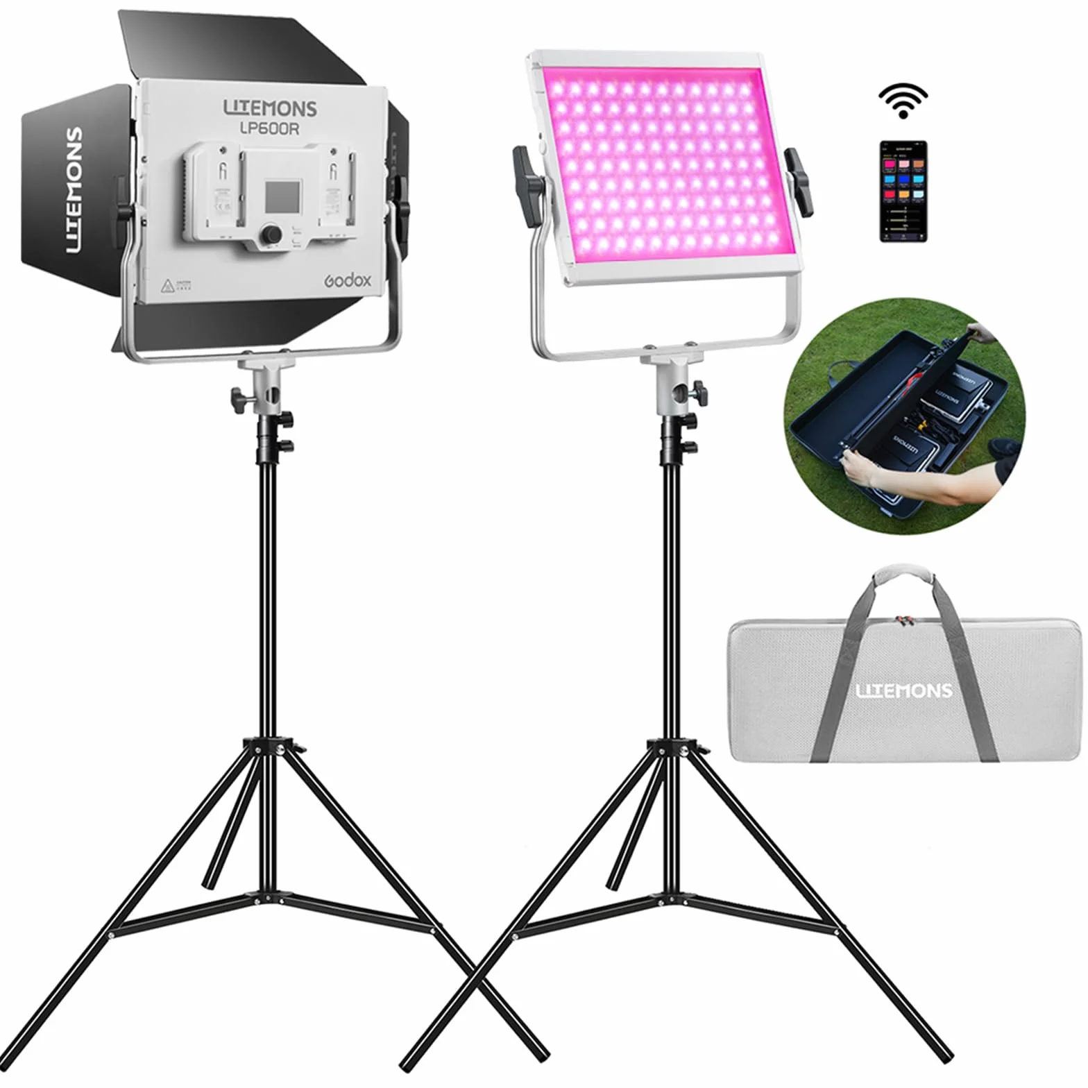 Godox Pacchetto di 2 Litemons LP600R RGB LED Light Panel Kit con Tripod/Carry Bag, App Control, 60 W Photo Studio Lighting, 1800 K - 10000 K, 14 modalità FX, rotazione a 360° (LP600R K2)