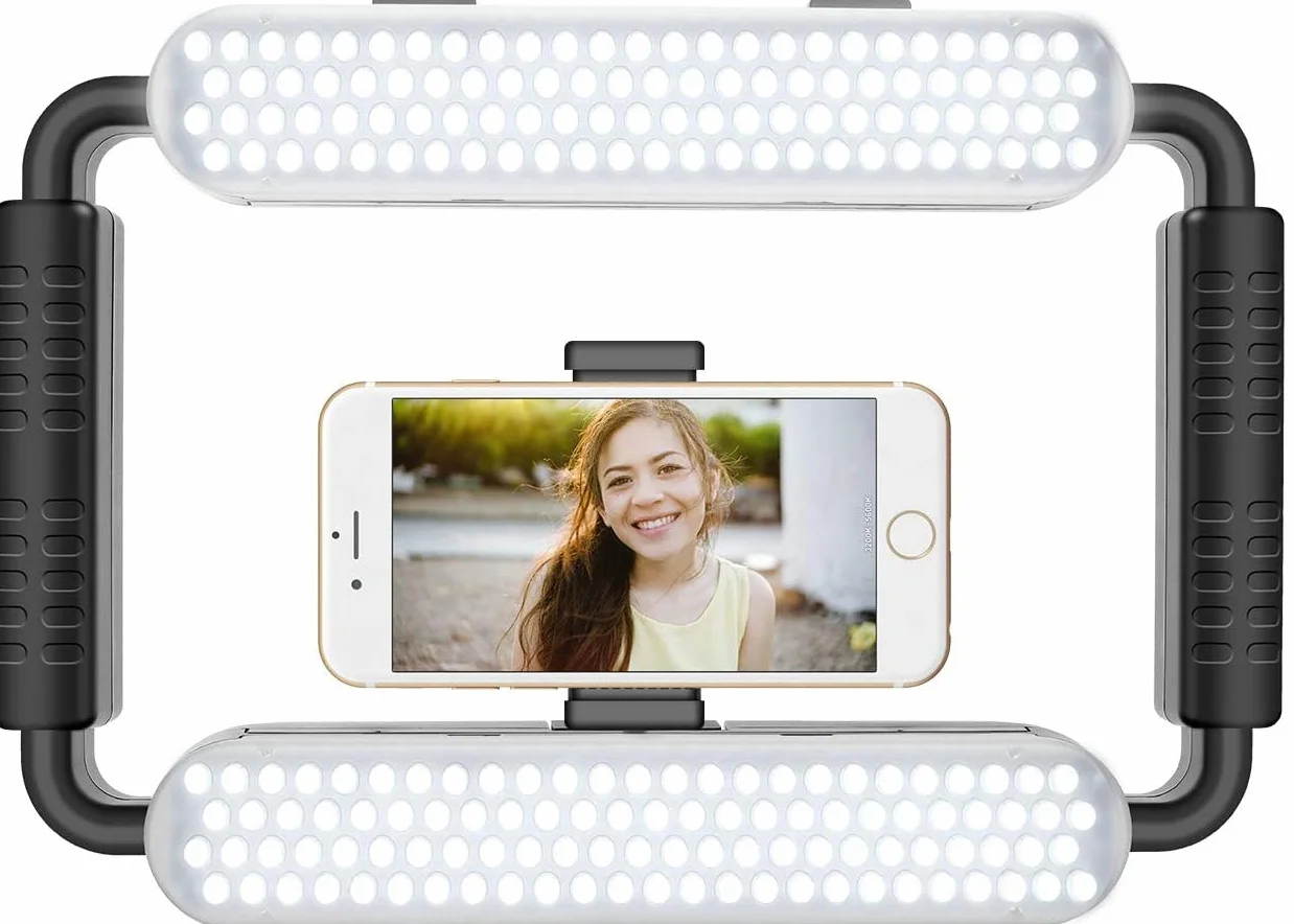GVM Grip Pro Smartphone Video Rig, Stabilizzatore portatile e luce a led video, Fotocamera a LED per fotografia Registrazione video Impugnatura Maniglia Luce video con otturatore remoto Bluetooth