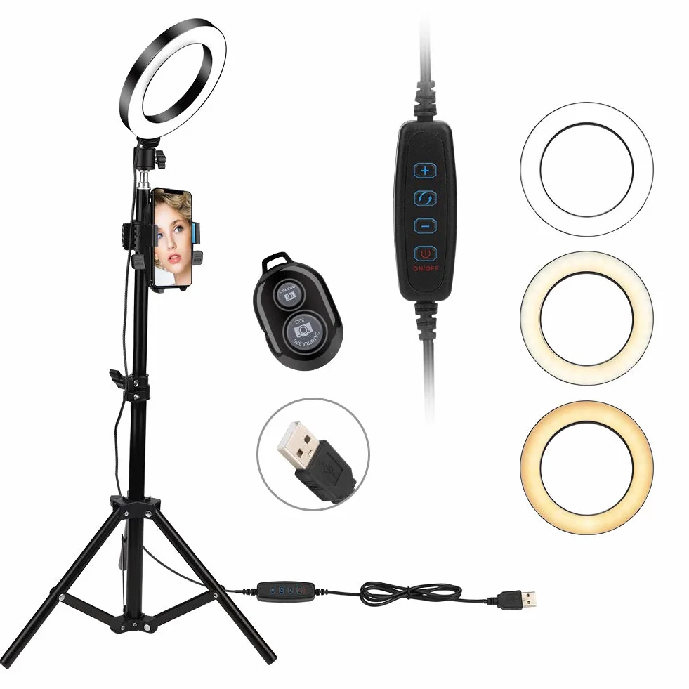 luce, 6"Standing Circle Light 3 10 Livello luminosità, Lampada Selfie per Trucco a LED (con treppiede e supporto telefono cellulare), con telecomando,Youtube, TikTok