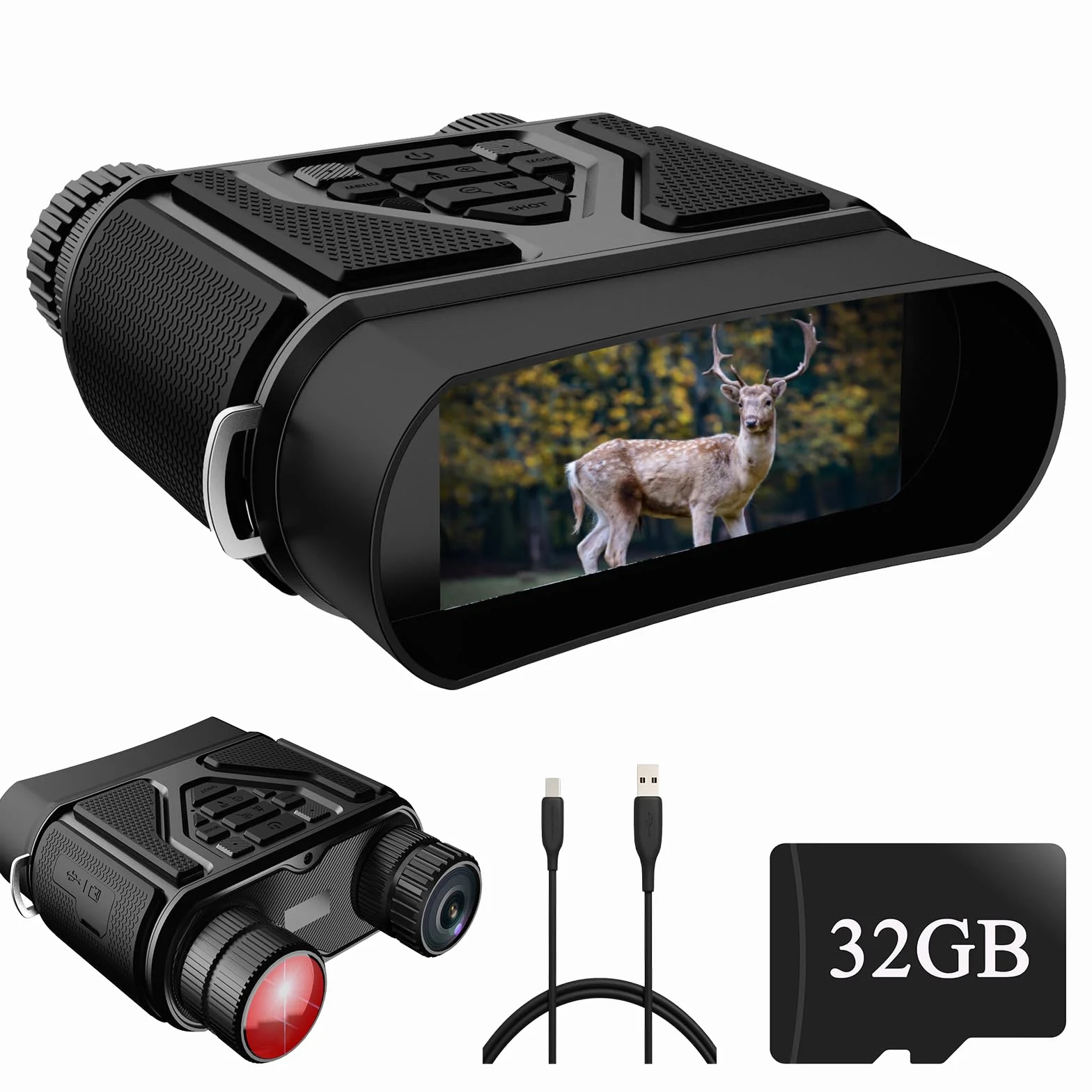 Binocolo Visione Notturna, 32 GB Scheda di Memoria Visore Notturno 3" TFT 8X Digitale Zoom 7-LIVELLI Infrarossi Vista 300M al 100% Buio per la Caccia Osservazione Uccelli e Campeggio