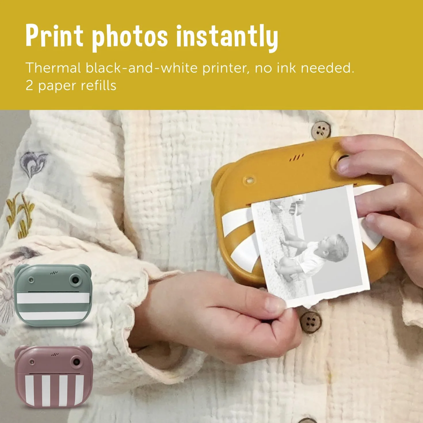 ZAZU Fotocamera digitale istantanea per bambini, foto ad alta risoluzione da 48 MP, display a colori da 2", video Full HD 1080P, stampa termica senza inchiostro, batteria ricaricabile, con 2 rulli di