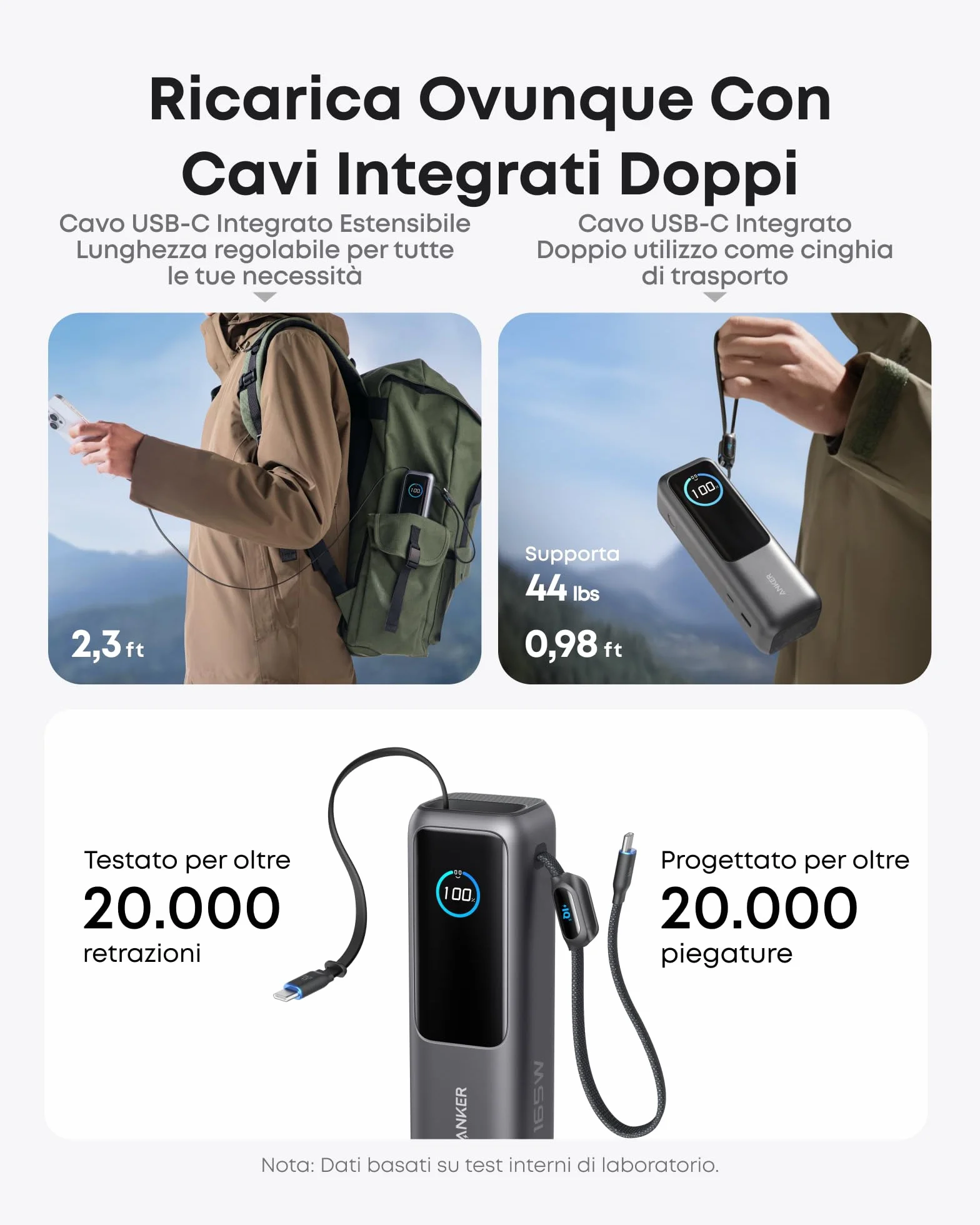 Anker Laptop Power Bank 25000mAh 165W USB C Caricatore Portatile con Cavi Integrati per iPhone 17 Pro Max MacBook Samsung