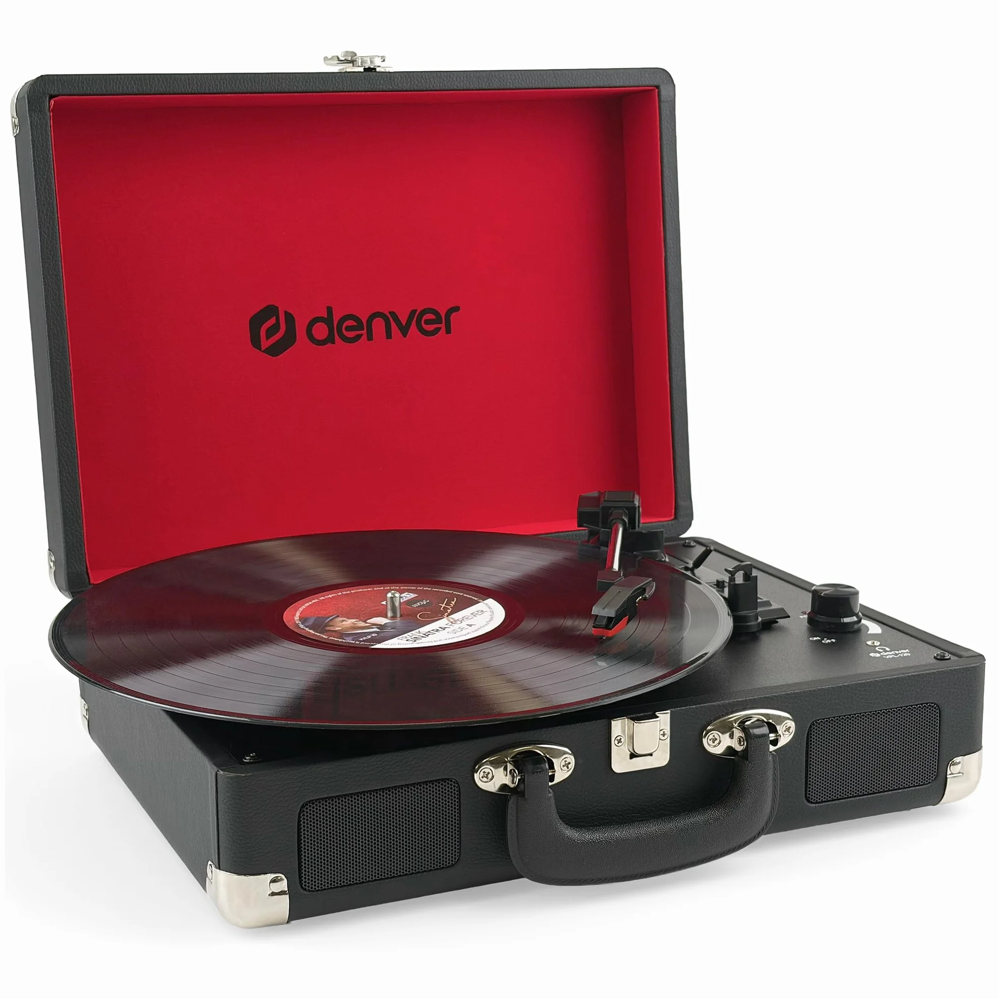 Giradischi Denver VPL-120BLACK design valigia. Altoparlanti integrati, uscita phono, compatibile con vinile 331/3, 45 e 78 RPM, Nero
