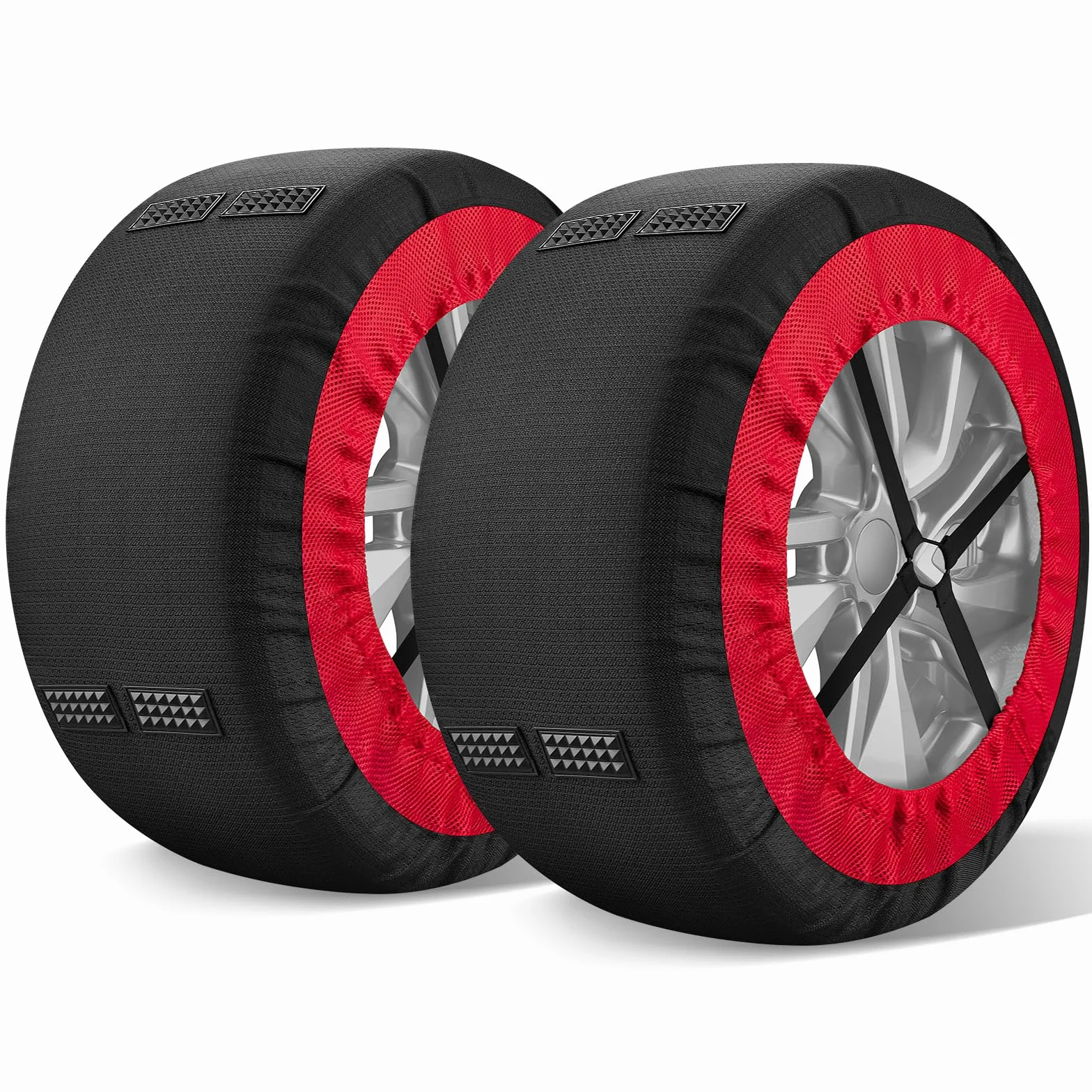 Calze da Neve Omologate Italia EN 16662-1,Catene da neve tessili omologate e ad alta sicurezza - Kit di 2 catene per auto + guanti (Rosso Nero, XL)
