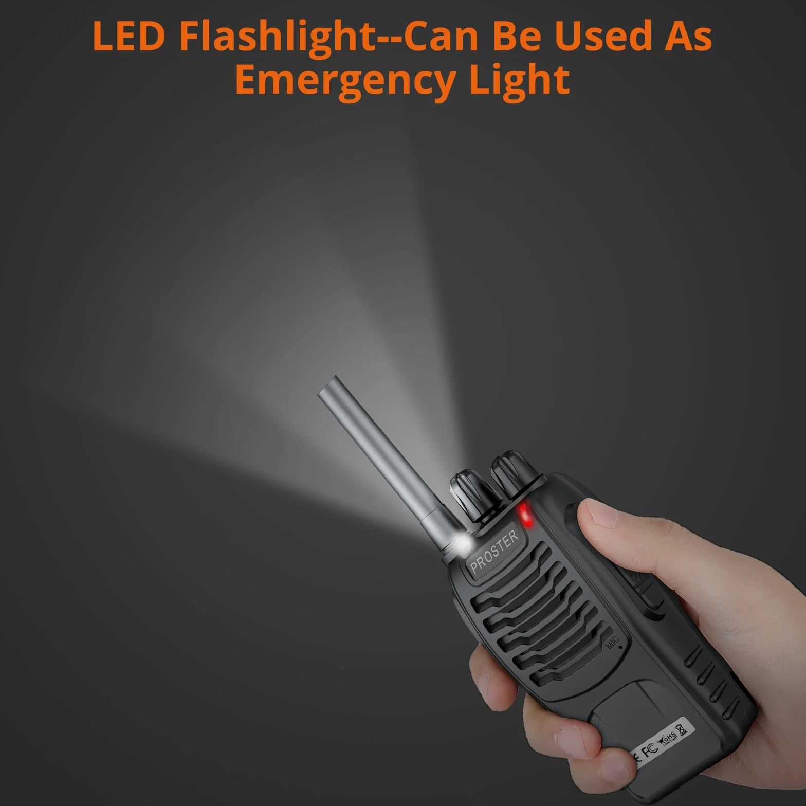 Proster Walkie Talkie PMR446 Senza Licenza Ricaricabili Set 2 Ricetrasmittenti Portatili 16 Canali VOX Torcia LED Auricolari Batteria 1500mAh per Lavoro Outdoor Famiglia Bambini