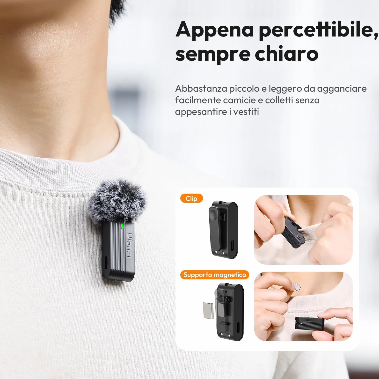 ULANZI A100 Microfono Lavalier per Cellulare e Fotocamera, Mini Microfono USB C, Durata Batteria 13.5H, Microfoni Bluetooth Portatile per Video, Live Streaming, YouTube, TikTok, Vlog, Interviste