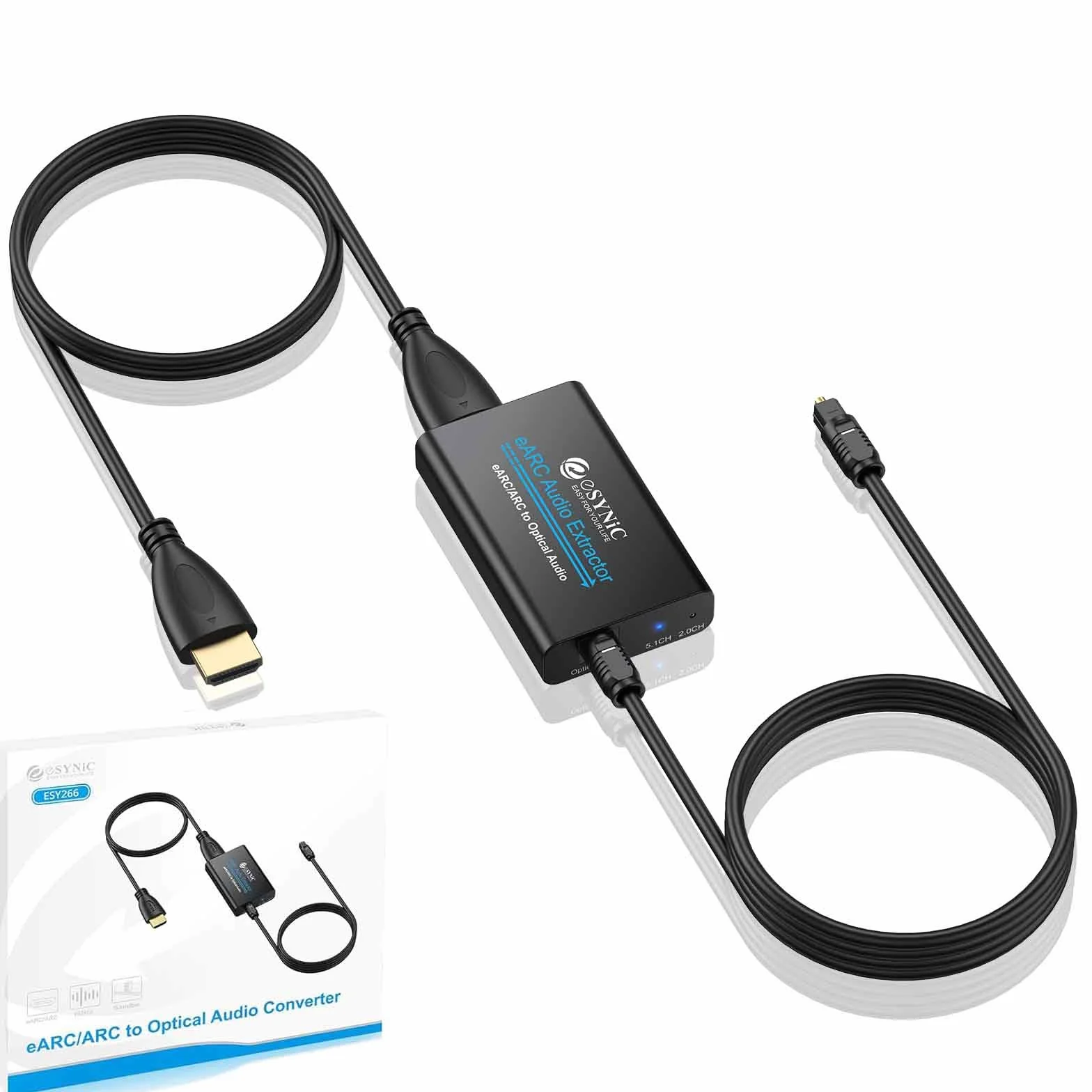 eSynic eARC ARC Audio Extractor Professionale con Cavo HDMI e Fibra Ottica, 192KHz Convertitore Audio da eARC/ARC HDMI a Ottico per HDTV a Soundbar Cuffie Wireless Home Theater, Supporta 5.1ch e 2.0ch