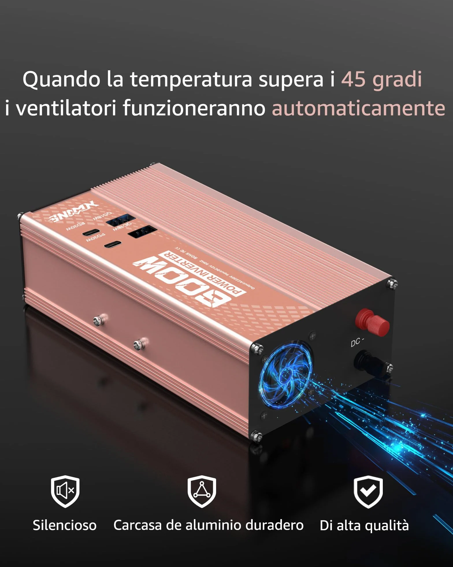 XWJNE 600W Inverter 12V 220V, Invertitore di Tensione con 1 Presa AC EU, 2 USB-A, 2 USB-C, Convertitore Onda Modificata Include Cavo Accendisigari e Pinze a Coccodrillo, per Auto, Camper, Viaggi